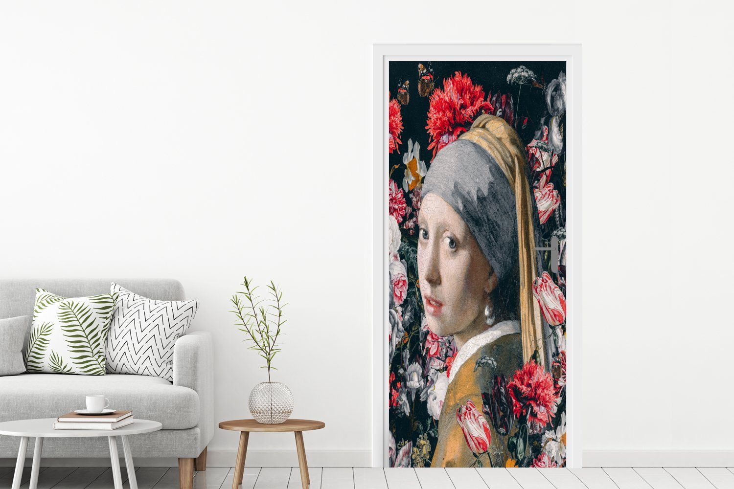 Perlenohrring für dem Blumen mit - - 75x205 Vermeer, Türtapete Türaufkleber, MuchoWow (1 Mädchen cm Tür, bedruckt, Matt, Fototapete St), Das