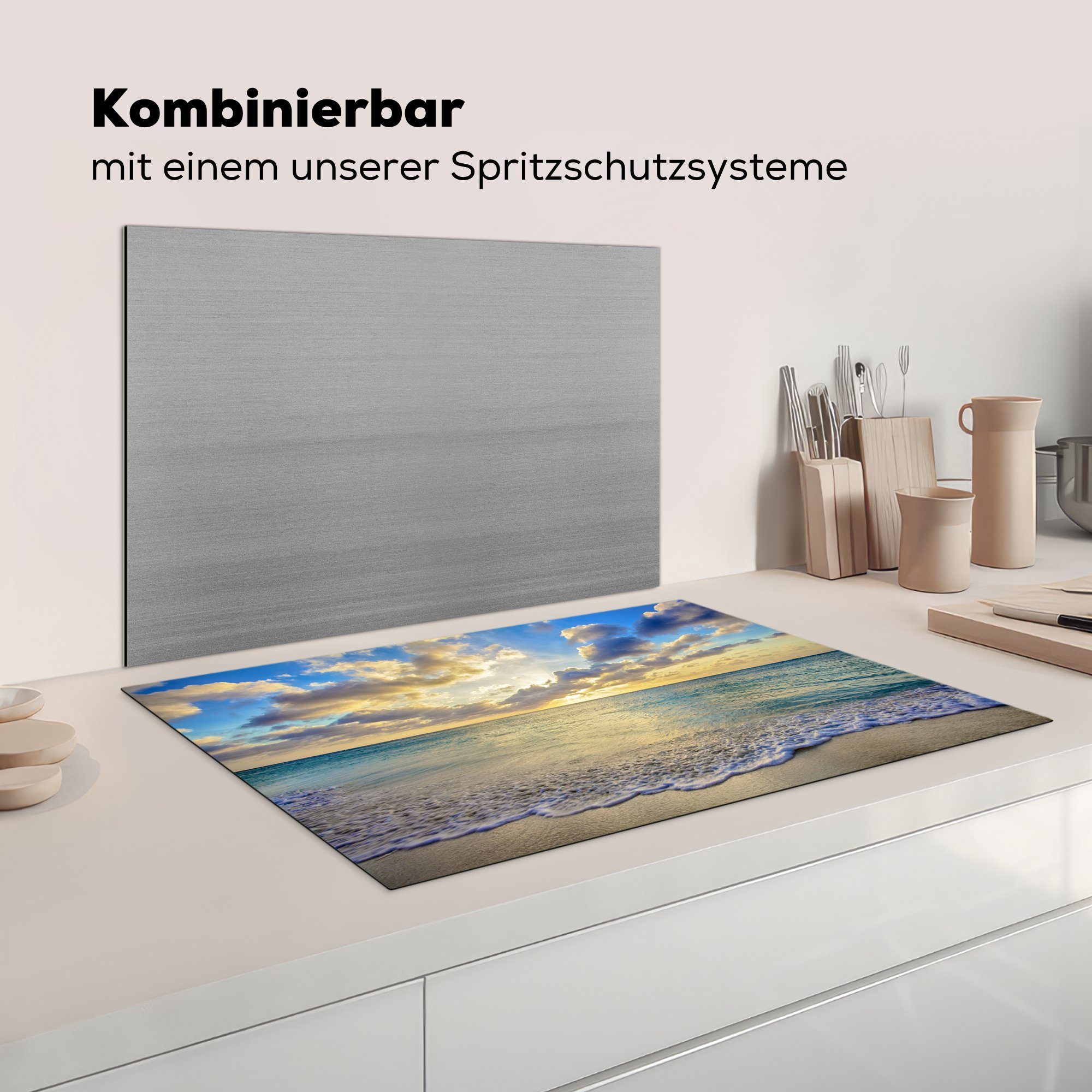 Ceranfeldabdeckung 81x52 Vinyl, MuchoWow küche, Schutz Meer cm, - - Strand Sonne, Wolken Herdblende-/Abdeckplatte die - (1 Induktionskochfeld tlg), für