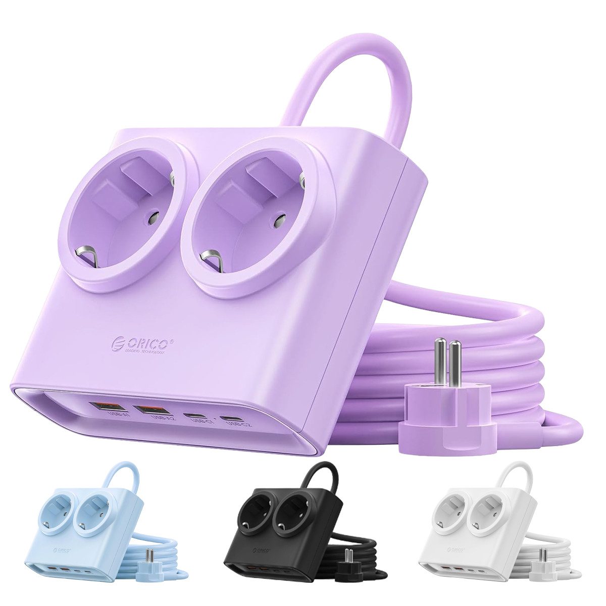 ORICO Steckdose 15W/25W GaN Mehrfachsteckdose 6-in-1 Steckdosenleiste,2AC+2USB+2CPD, acher 1,3 cm Stecke, 1-St., 1,6 m Kabel, 2500 W., für Haushalt & Büro