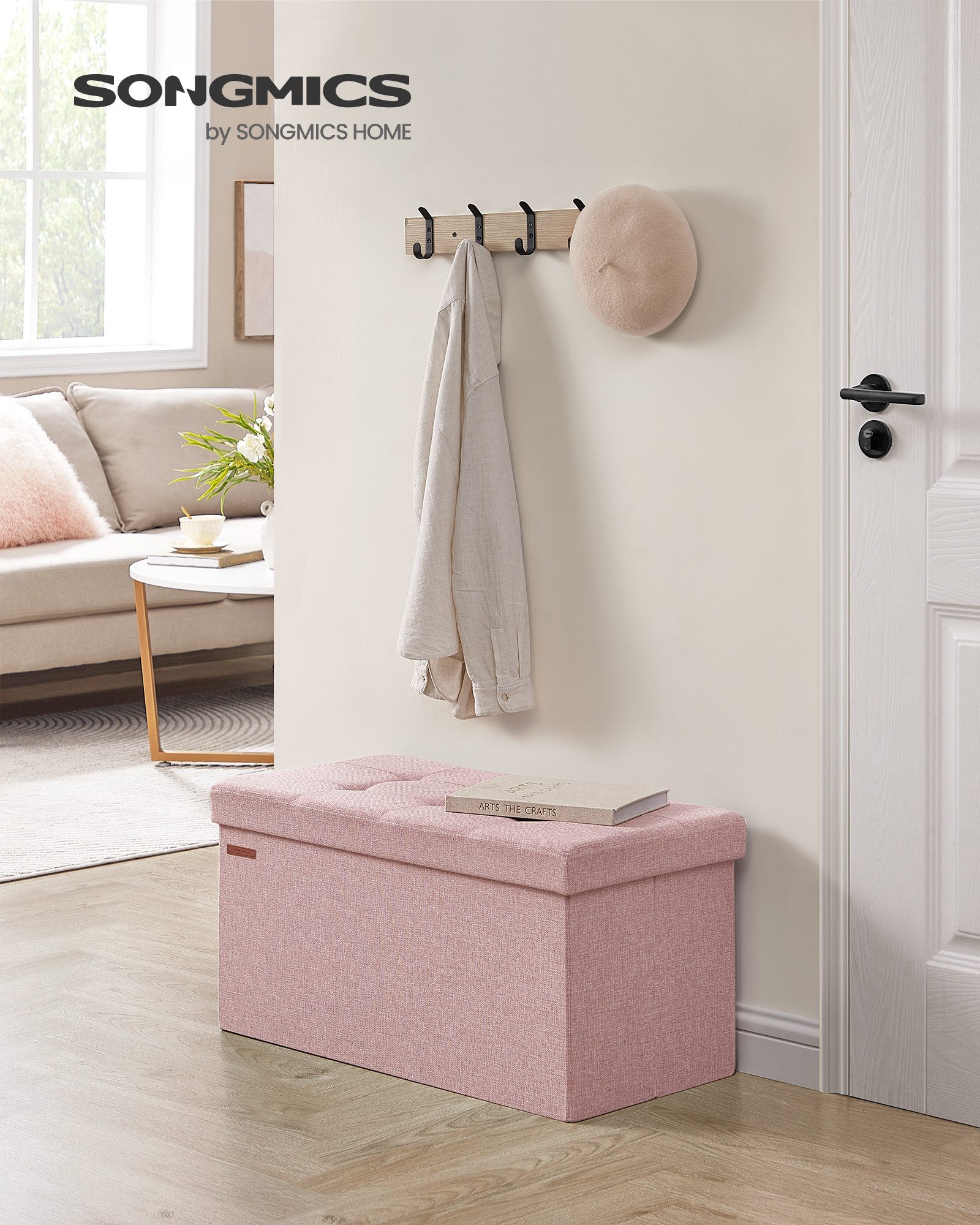 SONGMICS Sitzbank Sitzhocker mit Stauraum, klappbare, für Wohnzimmer Schlafzimmer Flur, 38 x 76 x 38 cm Fußbank, Aufbewahrungsbox, bis 300 kg belastbar