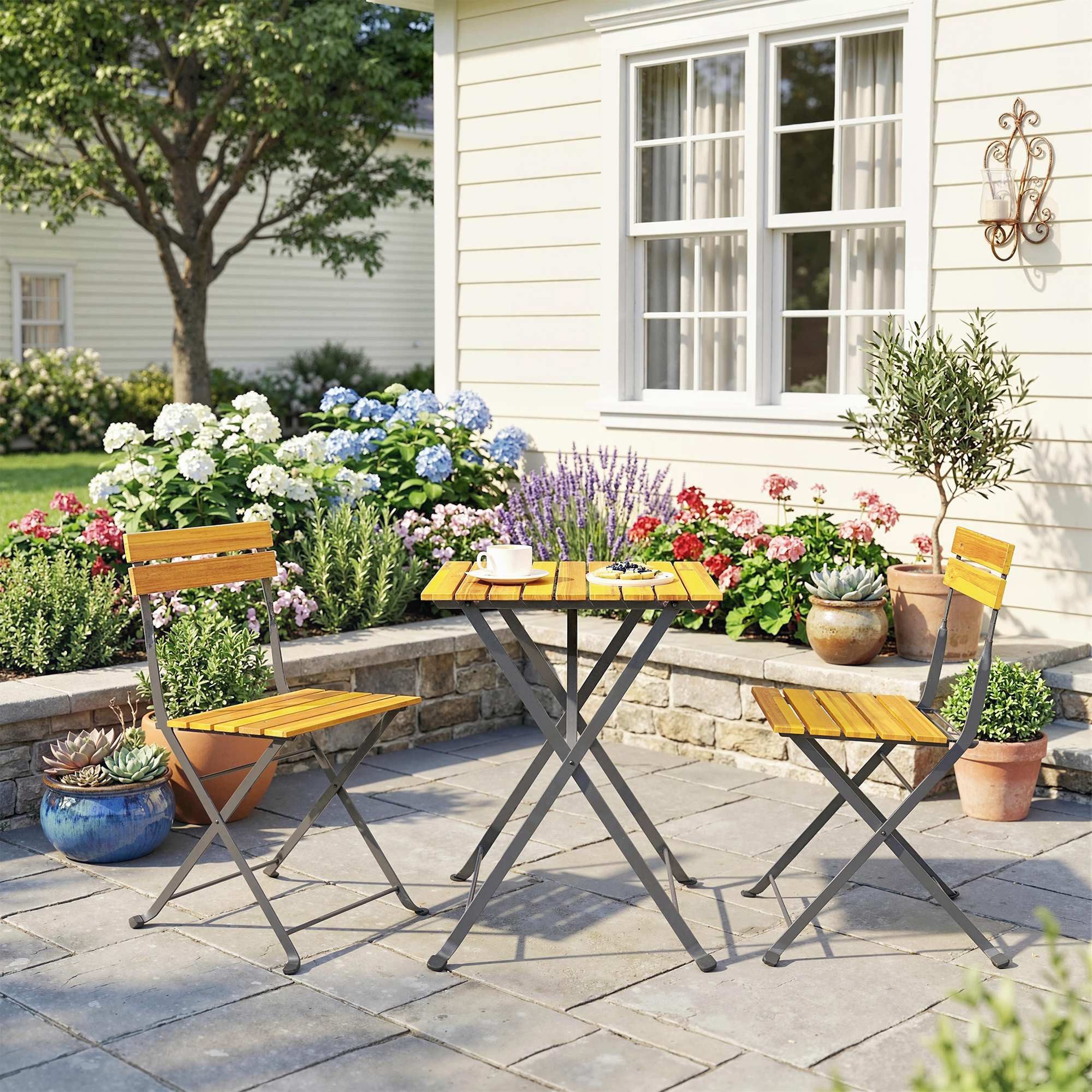 Outsunny Balkonset Esstisch mit 2 klappbare Stühle, Bistroset mit Stahlgestell, (Sitzgruppe, 3-tlg., Essgruppe), für Terrasse, Balkon Teak