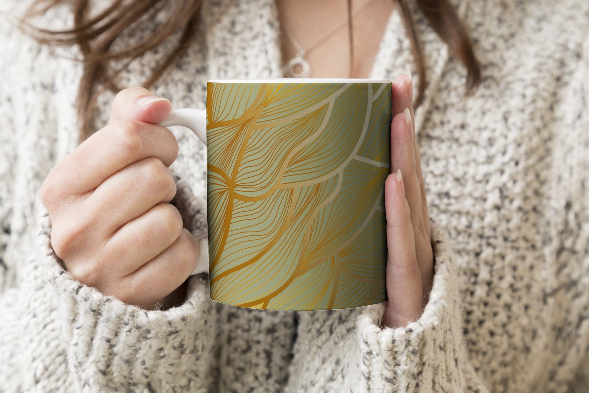 MuchoWow Tasse Kaffeetassen, Hintergrund, Keramik, Teetasse, Teetasse, auf Geschenk Becher, grünem Wellen Goldene