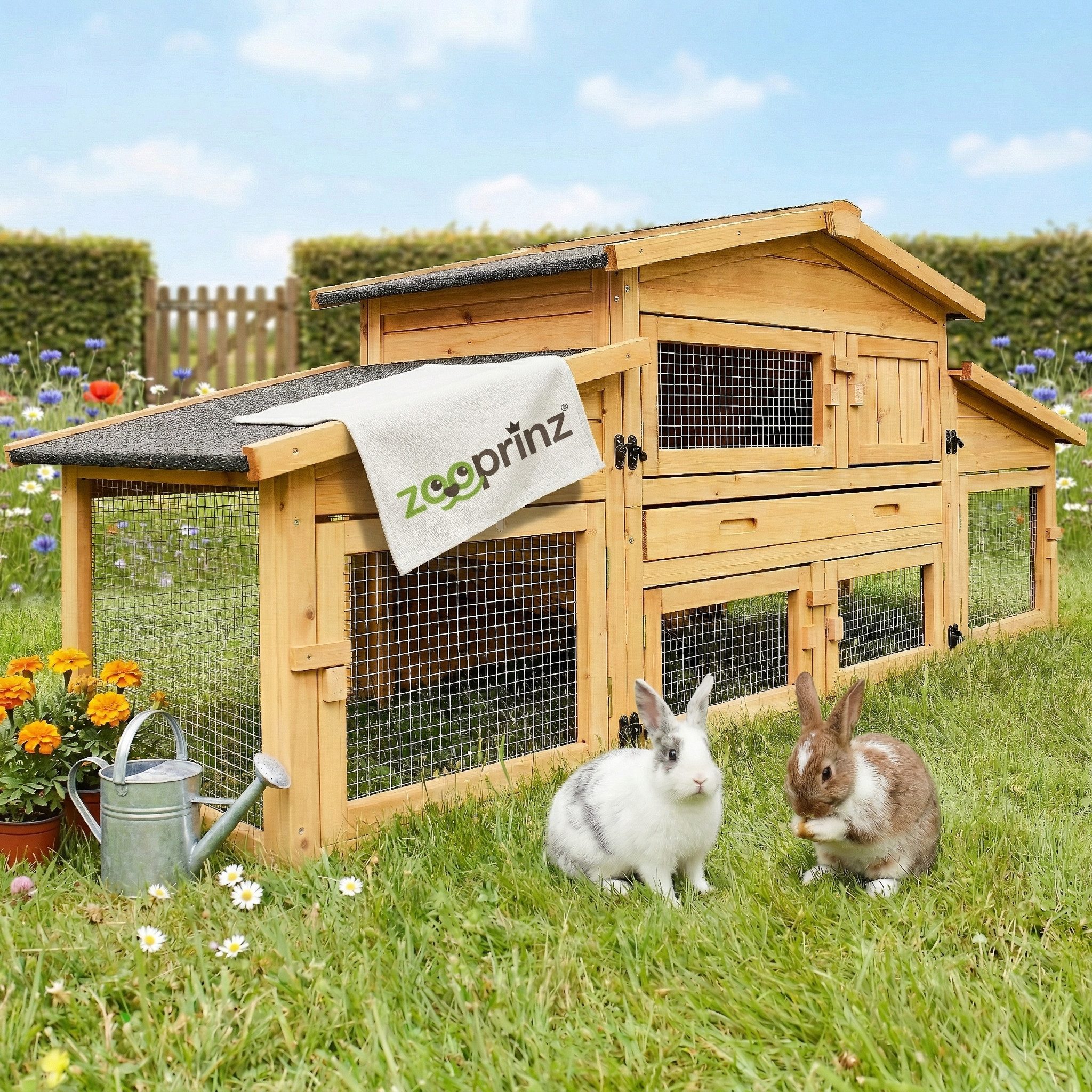 Zooprinz Kleintierstall Dorf Alm mit Doppelauslauf 180x72x62cm (BxHxT), Klappbares Bitumendach, Kiefernholz