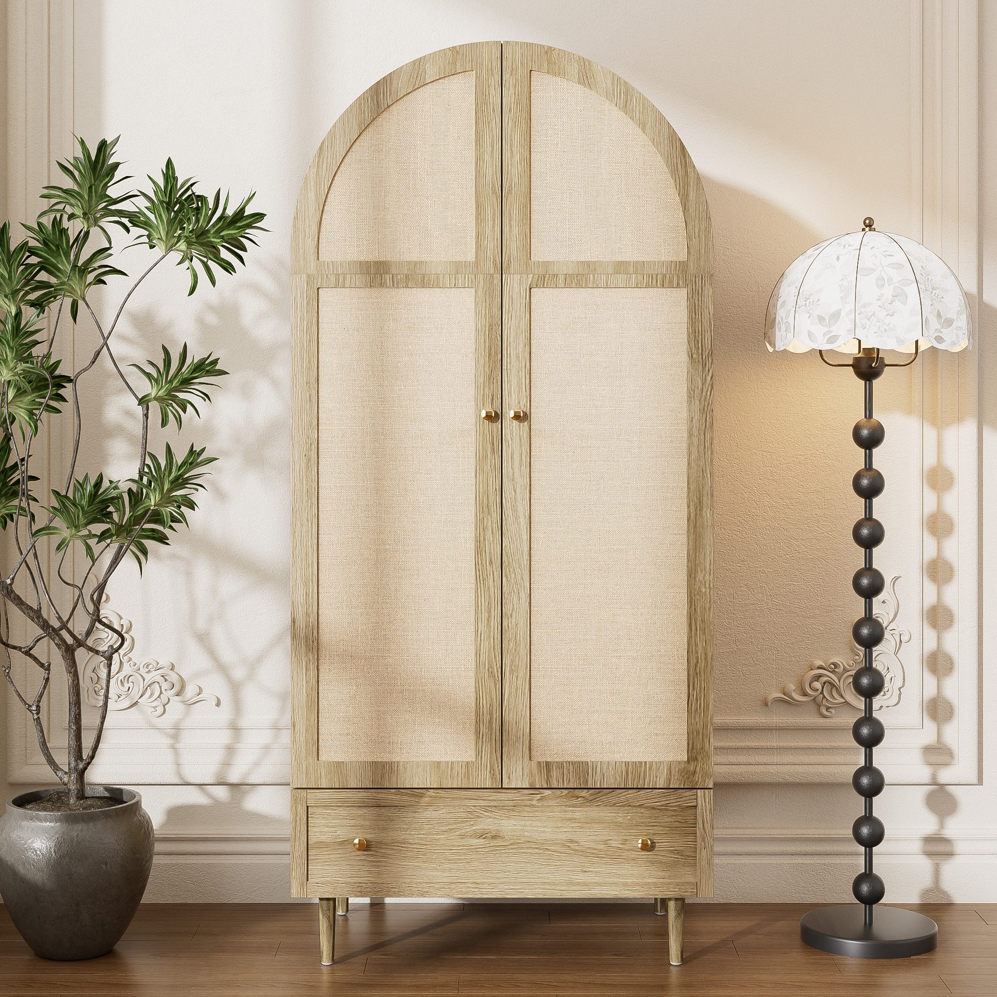 Merax Kleiderschrank mit Stofftüren, Schublade & Kleiderstange (1-St., für Gäste- & Ankleidezimmer) Garderobenschrank mit Holzfüßen und Naturoptik für Schlafzim – Bild 3 von 5