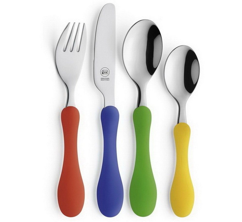 Carl Schmidt Sohn Kinderbesteck Essbesteck Kinderlöffel Besteck-Set Kindergabel (4-tlg), Farbige Kunststoffgriffe, rostfreier Edelstahl, 4 Teile