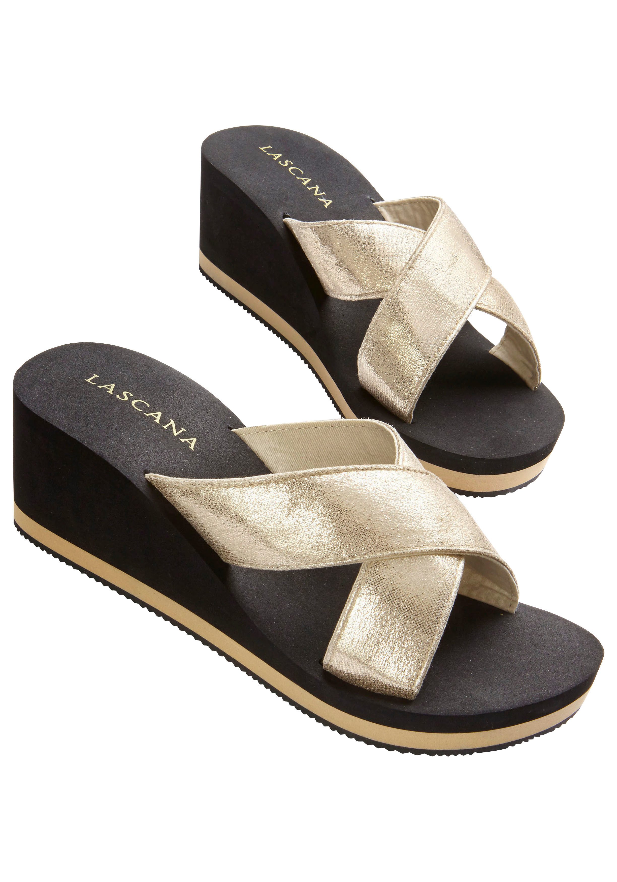 LASCANA Badeschuhe, Flip Flop, Badelatsche, Sandale Badepantolette Pantolette mit Keilabsatz und Metallic-Optik VEGAN