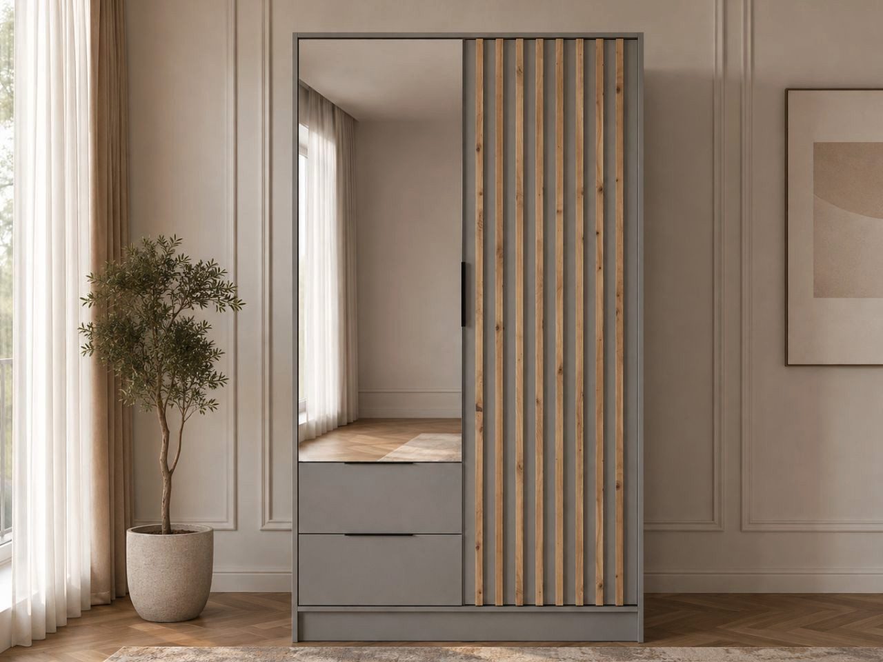 GrainGold Kleiderschrank Macron (Set, Kleiderschrank, Spiegel) mit Spiegel und Schubladen, Lamellen, 105 cm, Laminierte Platte