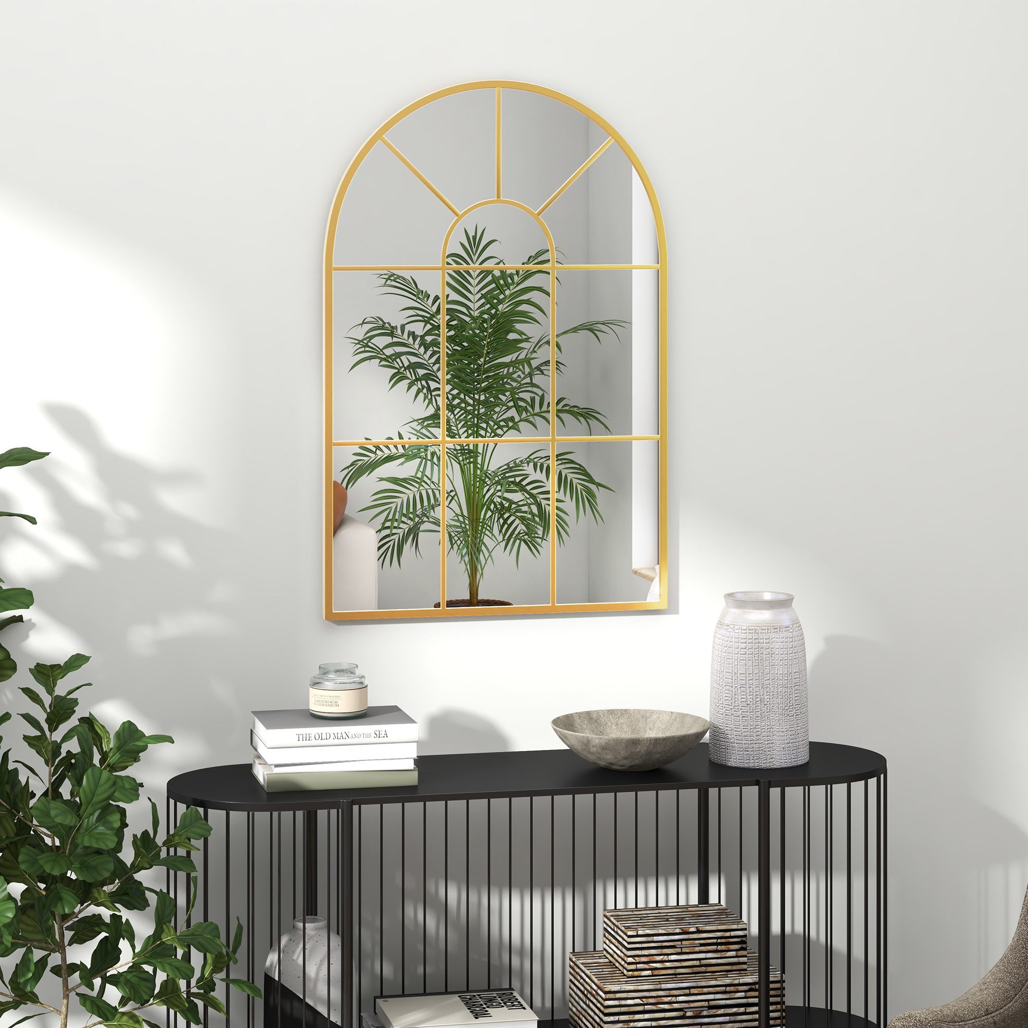 HOMCOM Wandspiegel Hängespiegel Flurspiegel mit Metallrahmen für Schlafzimmer (Fensterspiegel, 1-St., Spiegel), Gold 91 cm x 60 cm x 2 cm