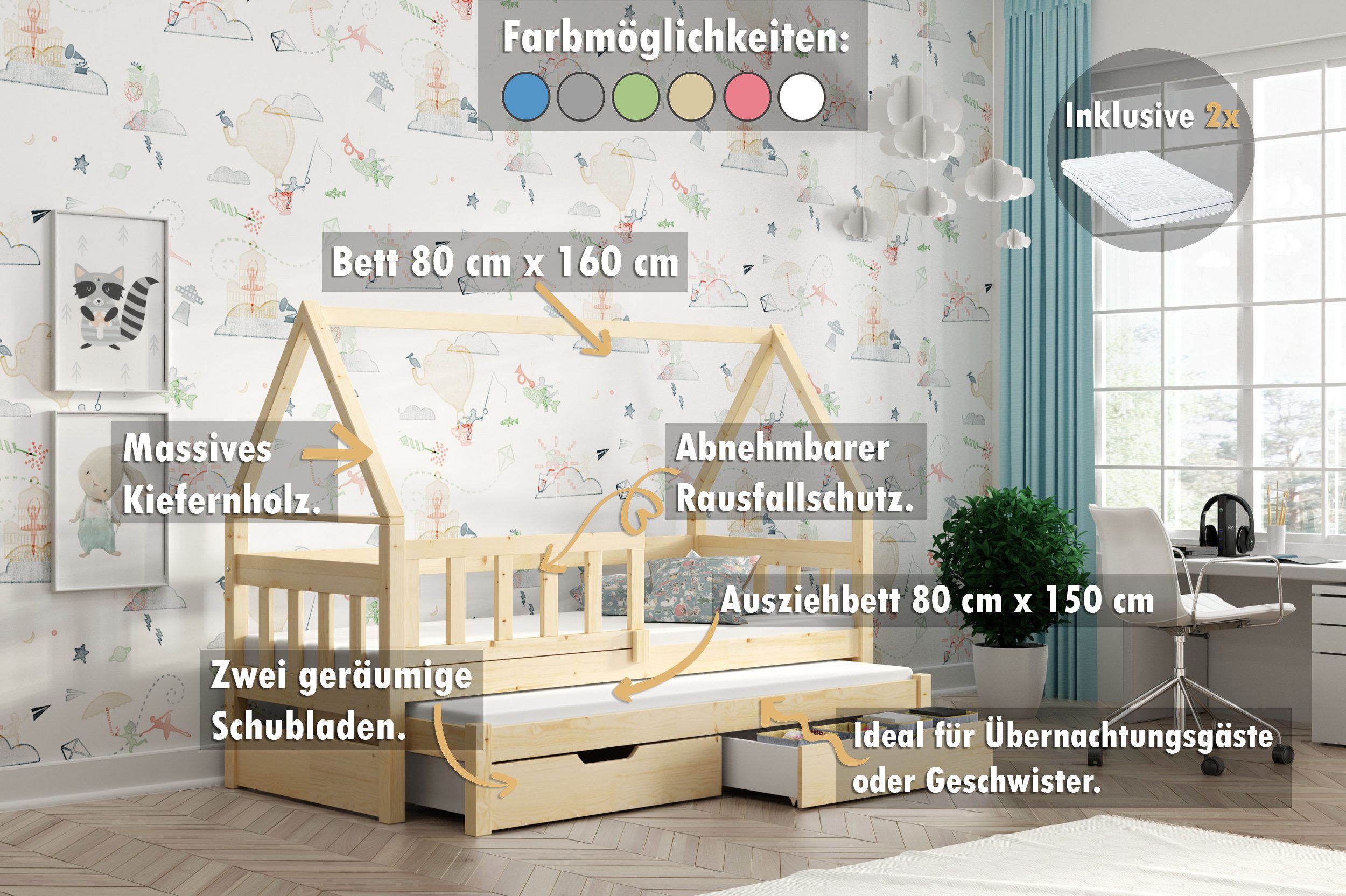 thematys Kinderbett mit Rausfallschutz und Ausziehbett günstig online kaufen