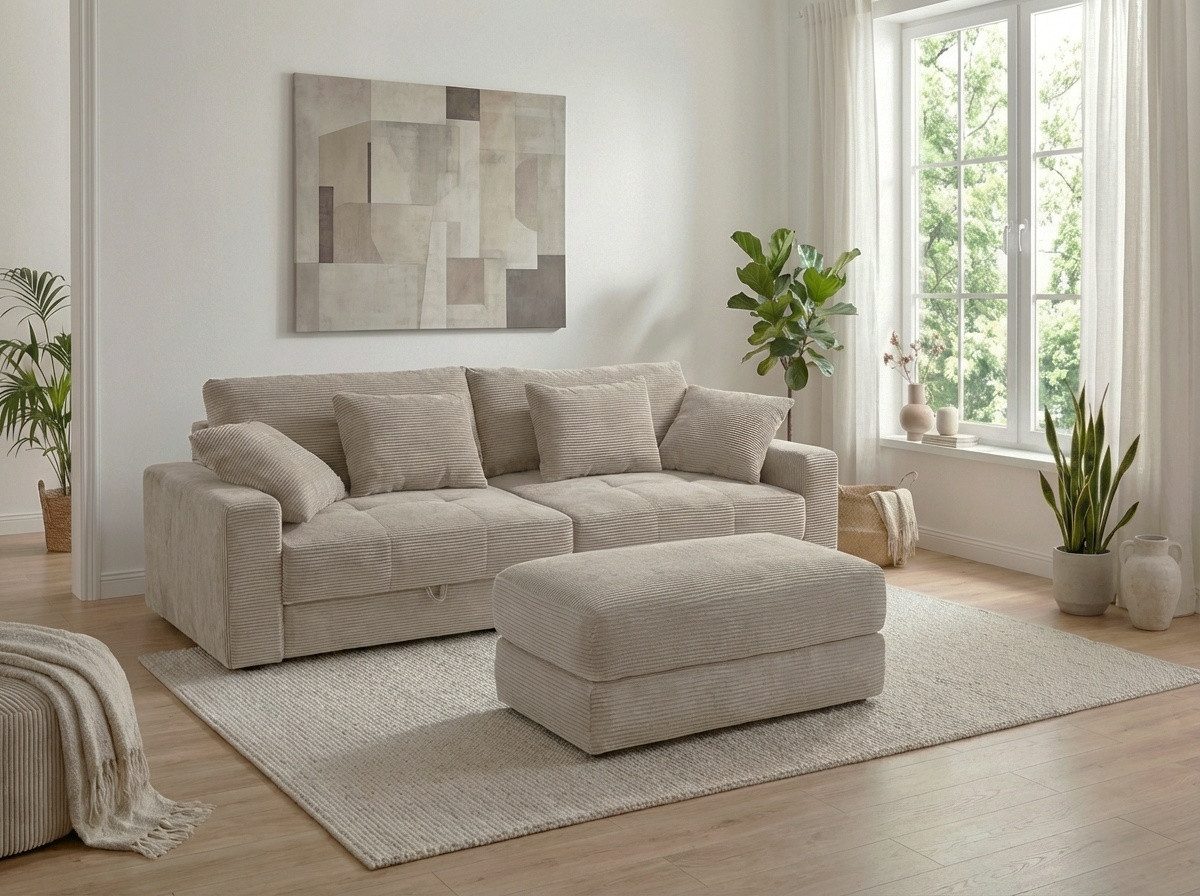 luma-home Polsterhocker 15257 (B124/T60/H40 cm, Bonellfederkern-Polsterung), Sitzbank Designerhocker, robuster Cord-Bezug Beige Grau – Bild 4 von 5