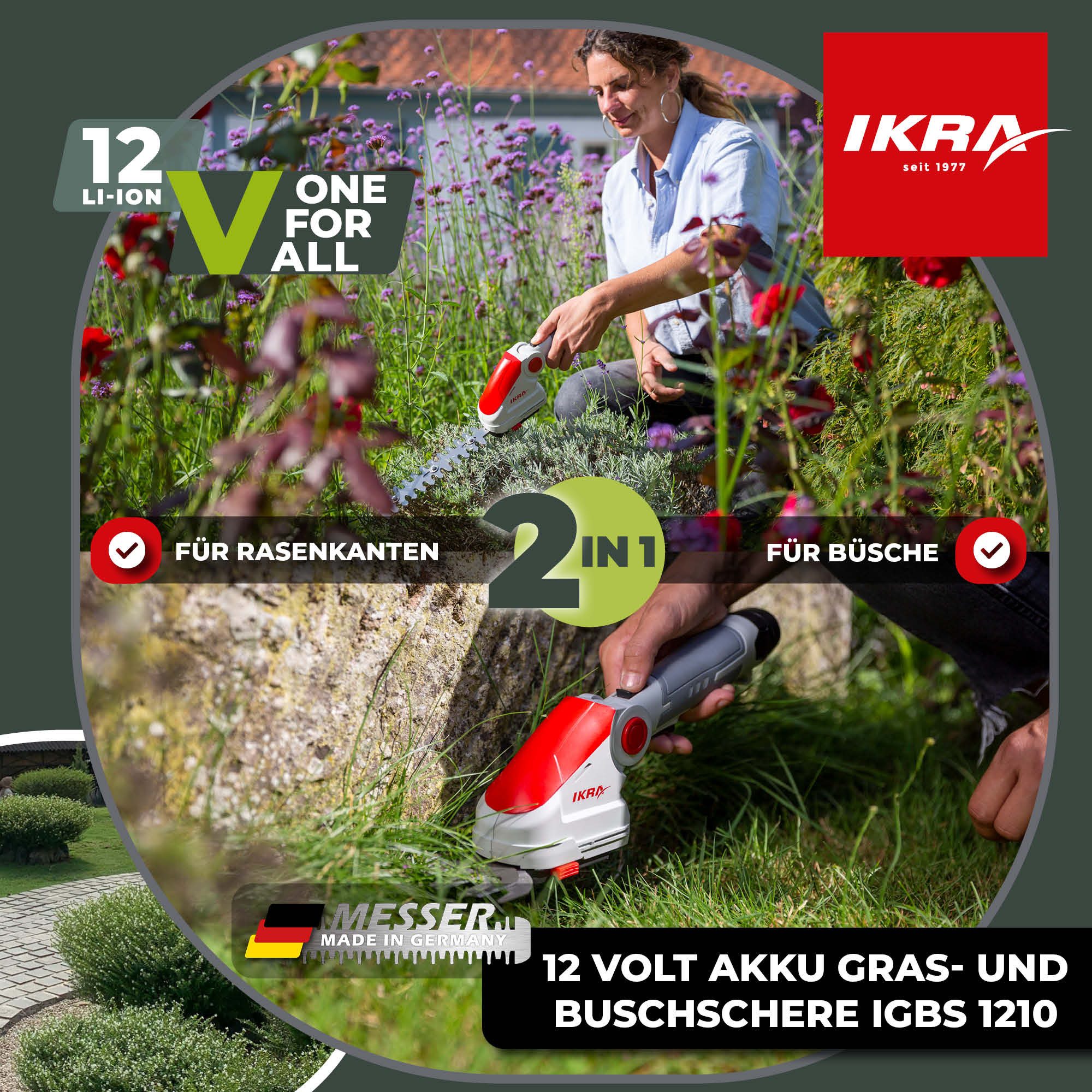 ikra GmbH Akku-Gras- und Strauchscherenset IGBS 1210, (mit Akku, Ladegerät), 12 V - 2in1-Funktionalität - Messer "Made in Germany"