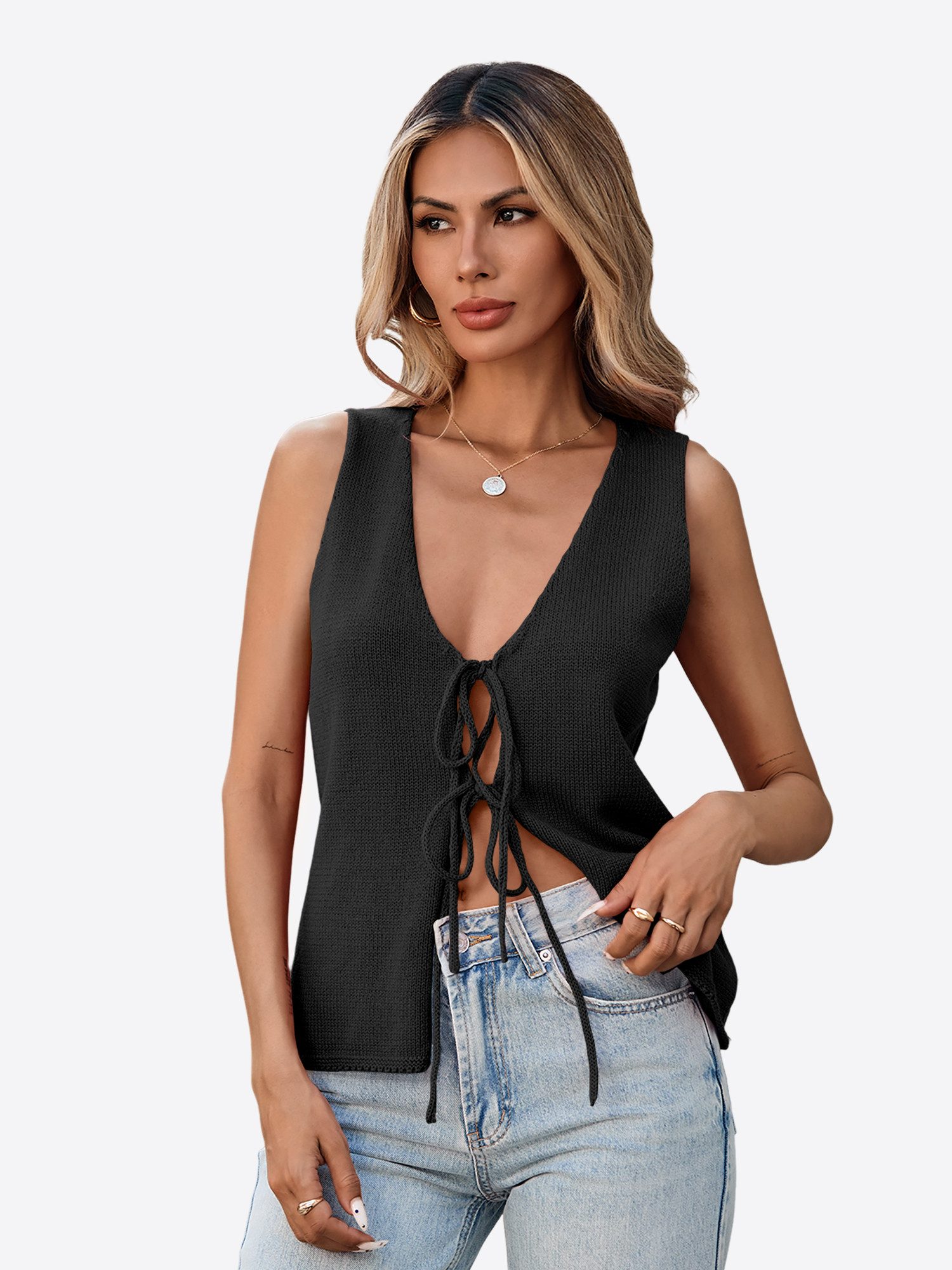 Imily Bela Kurzweste Damen Strickweste mit Bindeband vorne (Packung, 1-tlg., 1per-Pack) einfarbig