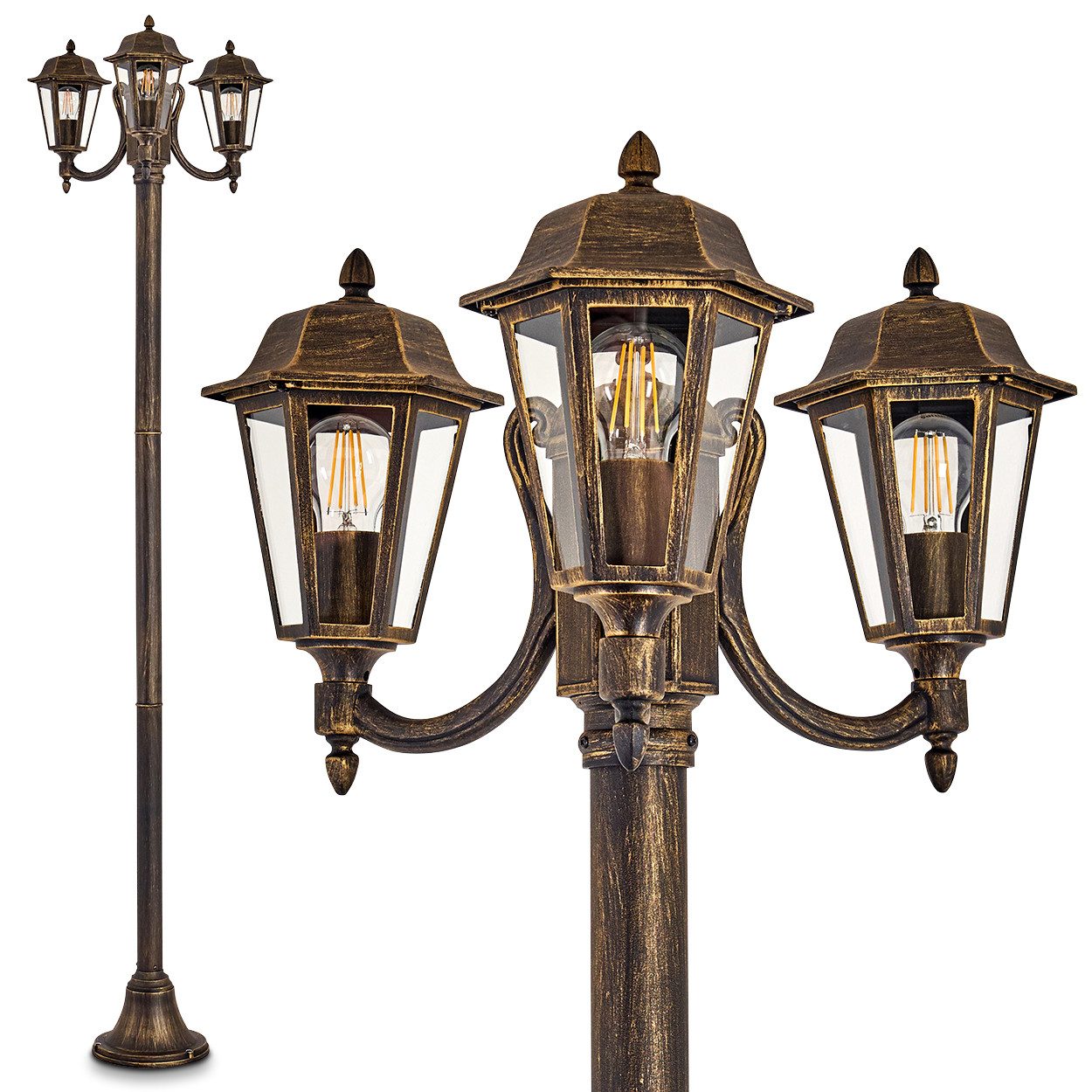 hofstein Außen-Stehlampe »Parco« Außenleuchte Kandelaber in antikem Look, ohne Leuchtmittel, Aluguss in Schwarz/Gold mit Milchglas-Scheiben, 210cm,E27,Vintage,IP44