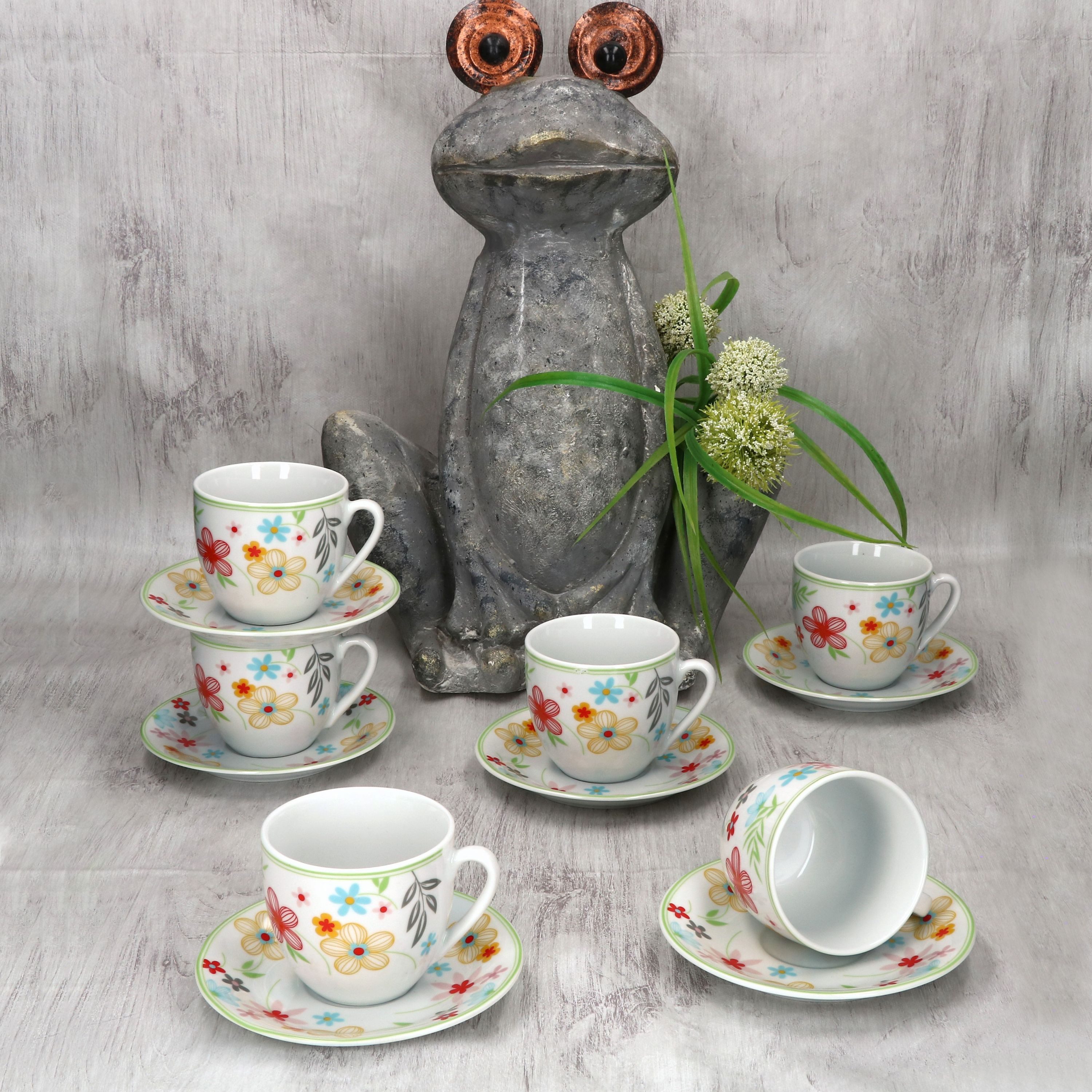 MamboCat Tasse 6er Set Variant Blümchen Kaffeetassen mit Untertassen für 6 Personen, Porzellan