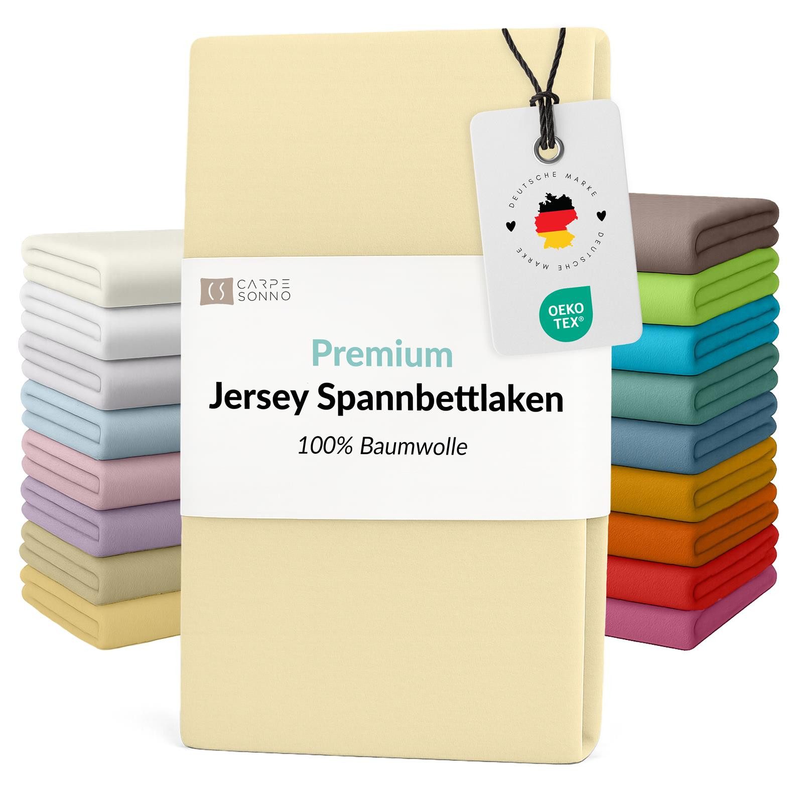 Carpe Sonno Spannbettlaken Jersey Bettlaken 90x200 100x200 140x200 160x200 180x200 200x200 & x220, Jersey, Gummizug: rundum, (1 Stück), Für Matratzen bis 25cm Höhe - 100% Baumwolle - MADE IN EU - OEKO-TEX®
