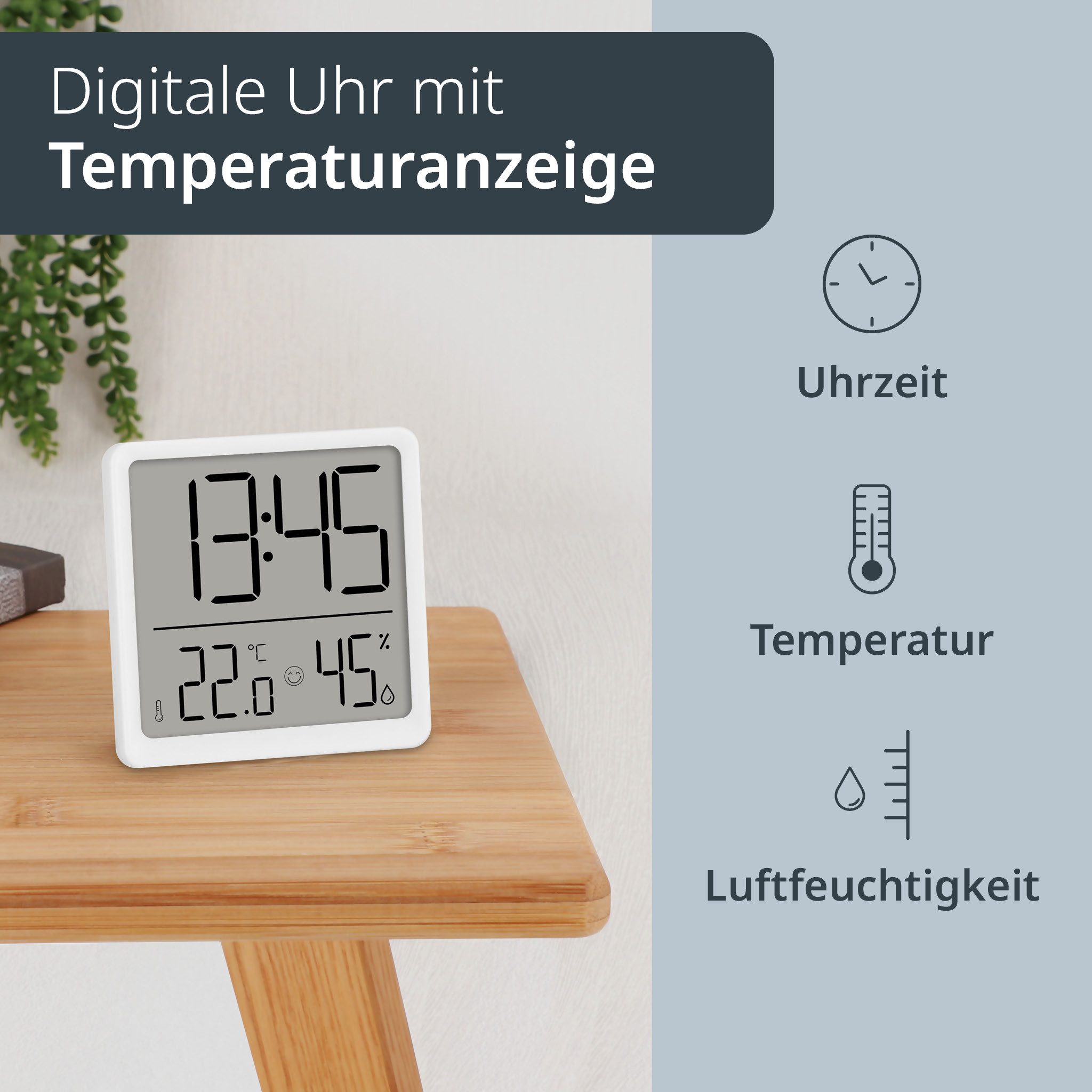 ADE Tischuhr Digitale Uhr mit Temperatur- und Luftfeuchtigkeitsanzeige mit Batterie, Wecker, Schlummerfunktion