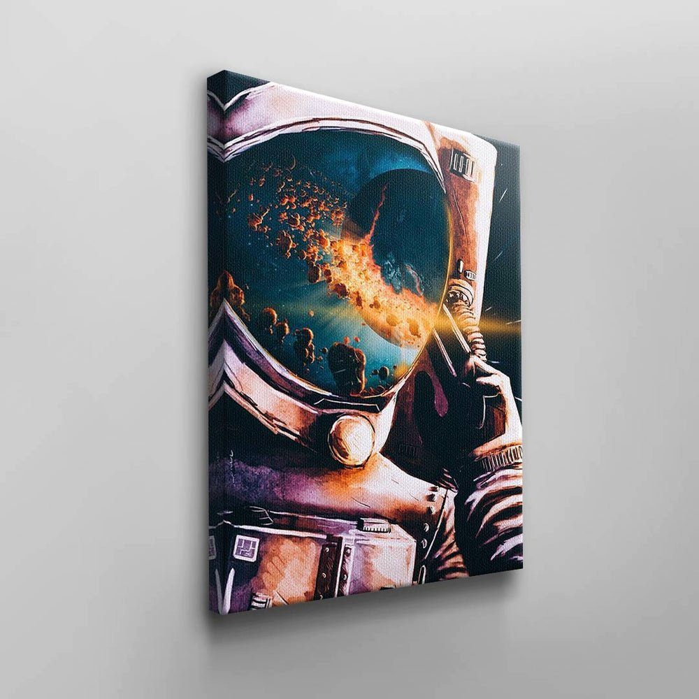 Astronaut Leinwandbild rosa Rahmen DOTCOMCANVAS® schwarzer schwar Vision, Wandbild Raumanzug Galaxie Motivationshelm Asteroid blau