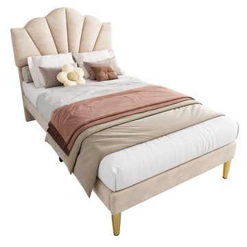 Dedom Bett Samt Polsterbett,Holzlattenrost,höhenverstellbares Kopfteil,90*200 cm, muschelartiges Bett mit goldenen Eisenbeinen