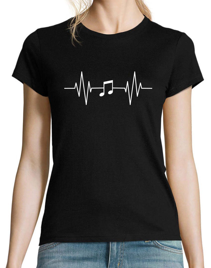 mit Youth T-Shirt Designz Music Note Damen Musik Shirt Schwarz Heartbeat Frontprint