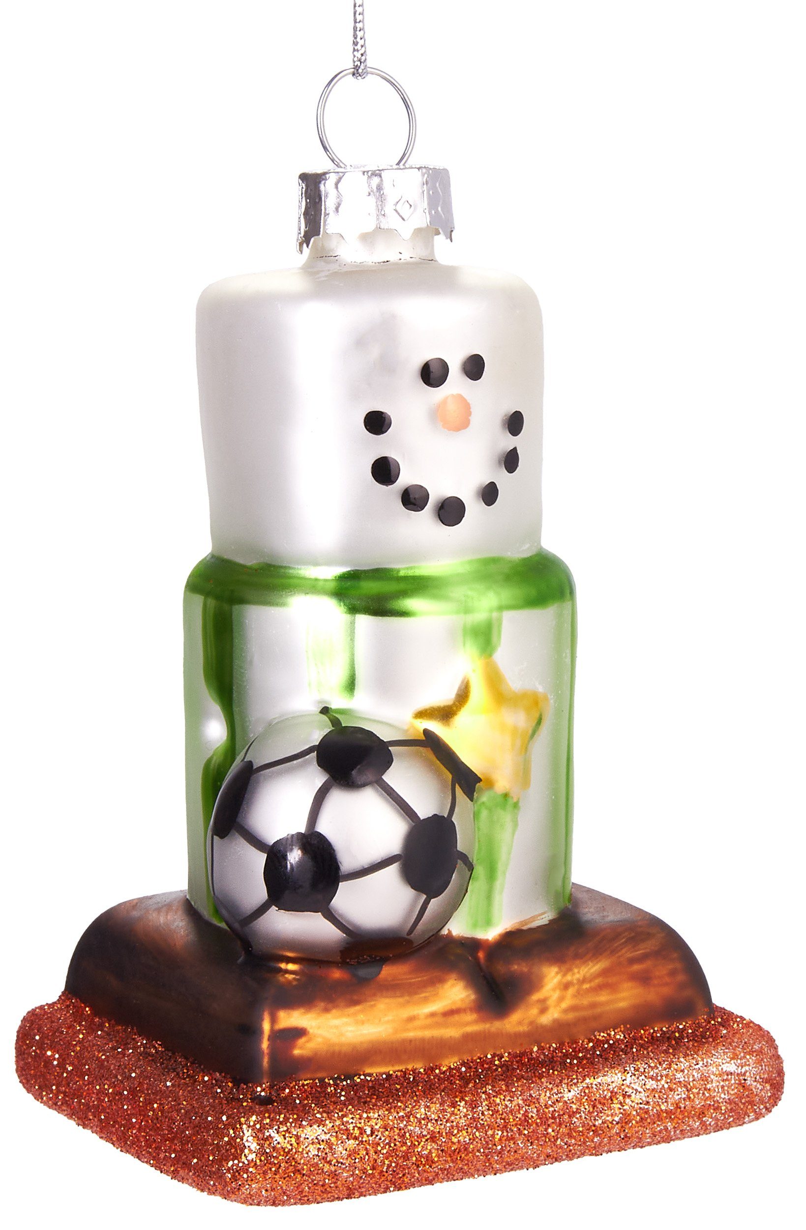 BRUBAKER Christbaumschmuck Kunstvolle Weihnachtskugel Schneemann mit Fußball, mundgeblasene Weihnachtsdekoration aus Glas, handbemalt - 9 cm