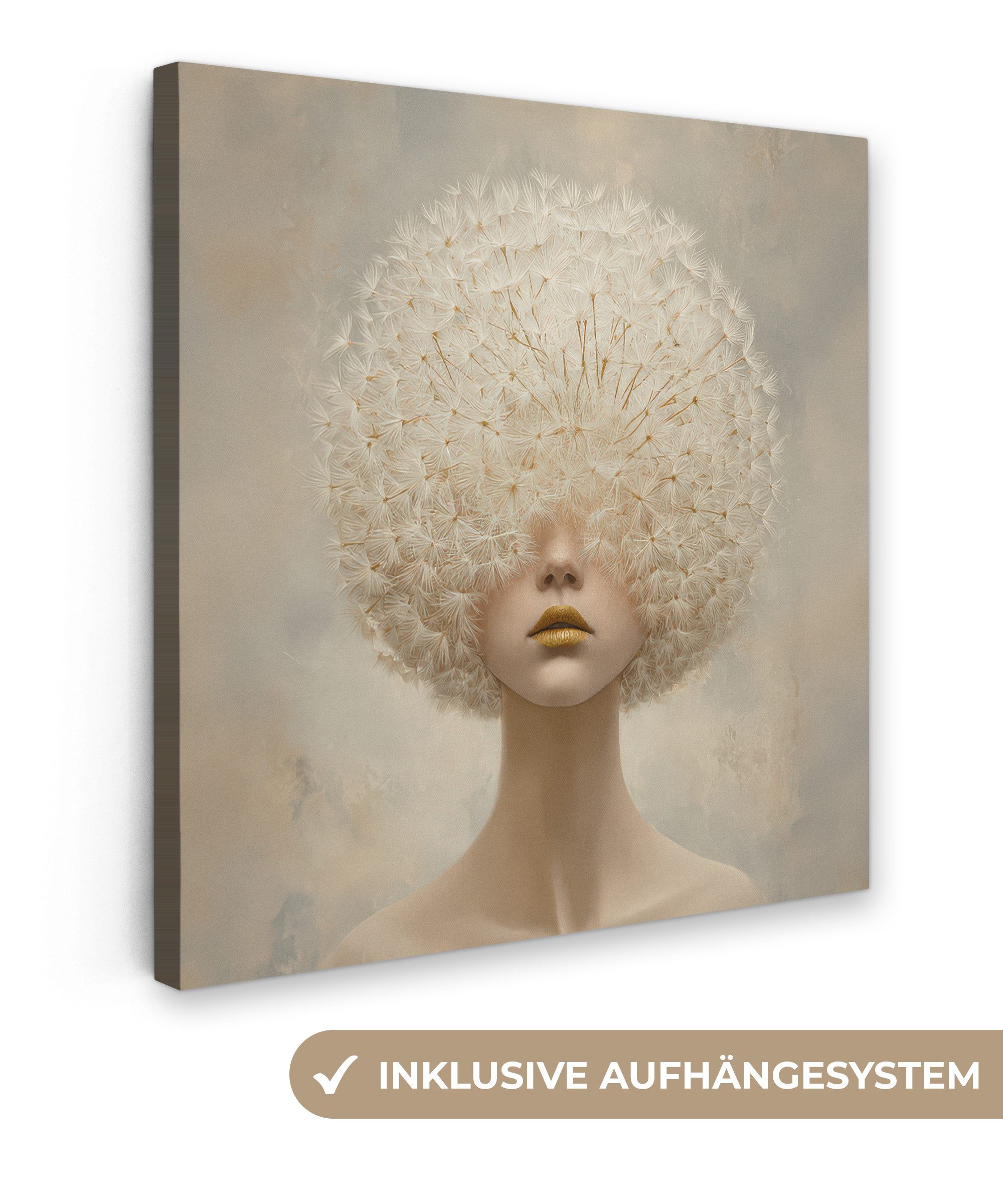 OneMillionCanvasses® Leinwandbild Dreamy - Beige - Löwenzahnsamen, Fotodruck (1 St), Wandbild, Deko Schlafzimmer Wohnzimmer Flur 20x20 cm