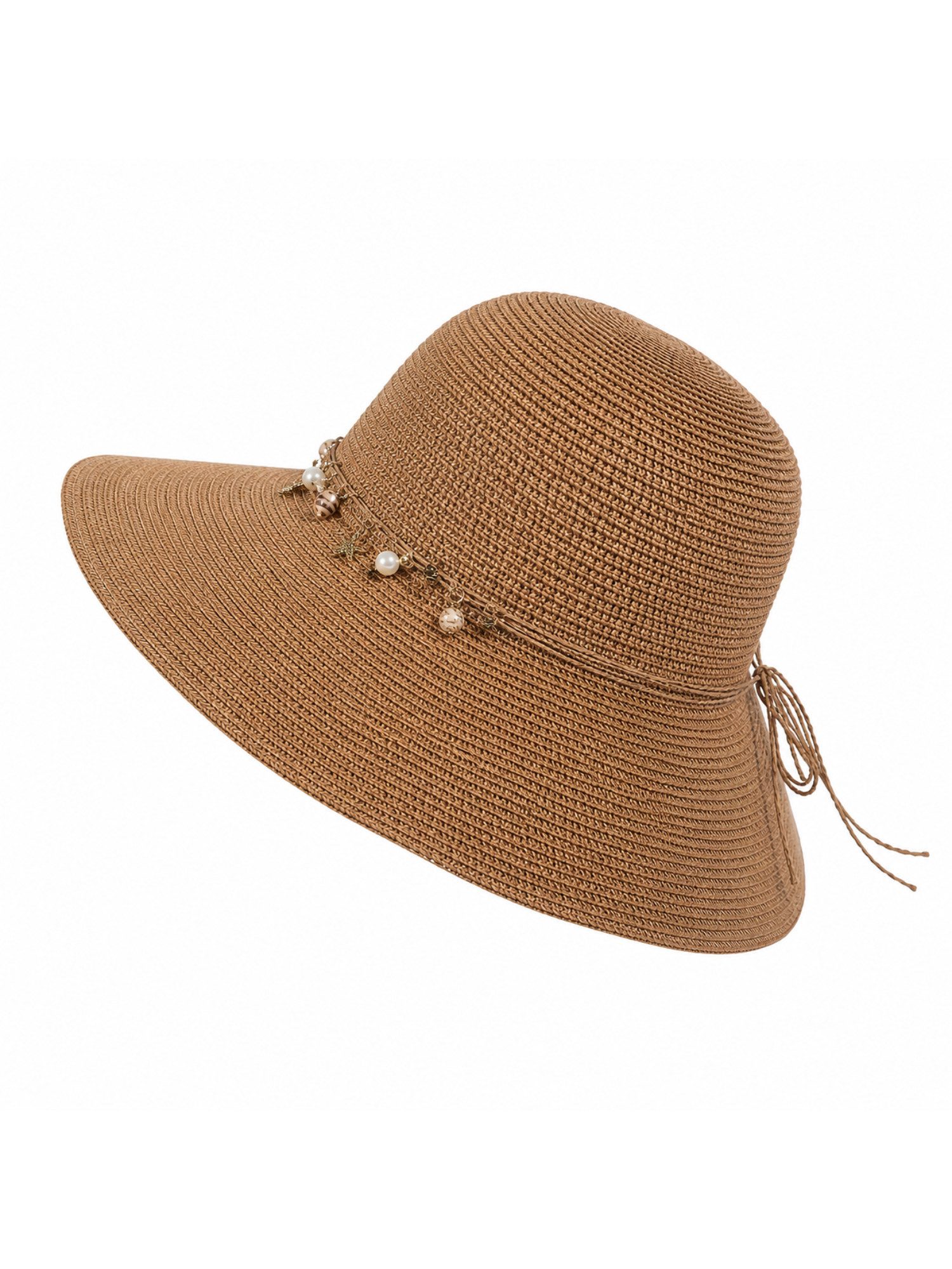 Brise Textil Sonnenhut Damen Sonnenhut mit Schmuckband und Zierperlen, Sommerhut aus Papier Dekoratives Schmuckband, Perlen und Sternanhänger, Breite Sonnenkrempe