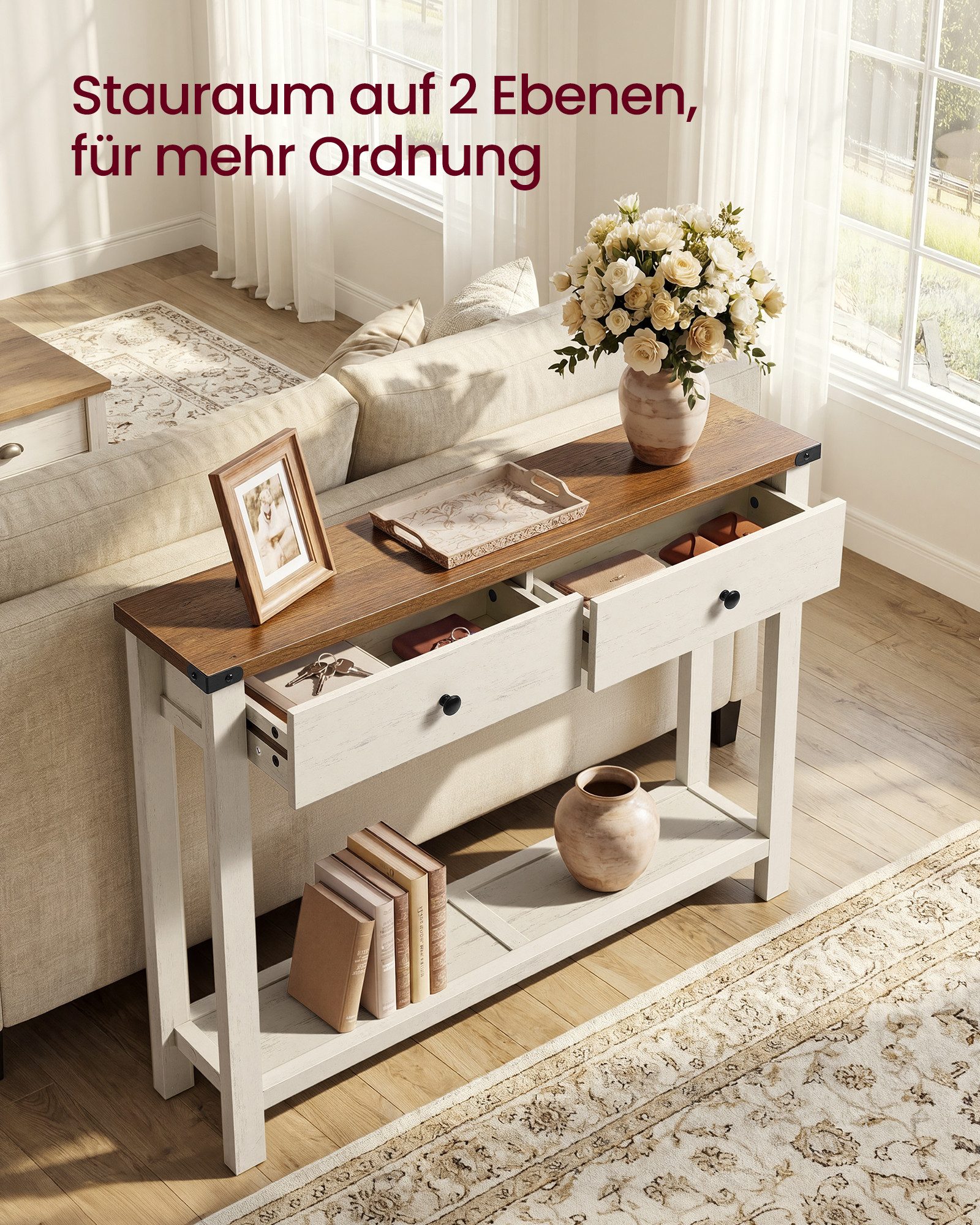 VASAGLE Konsolentisch Beistelltisch, schmaler Sofatisch, mit 2 Schubladen und einer Ablage, Landhausstil
