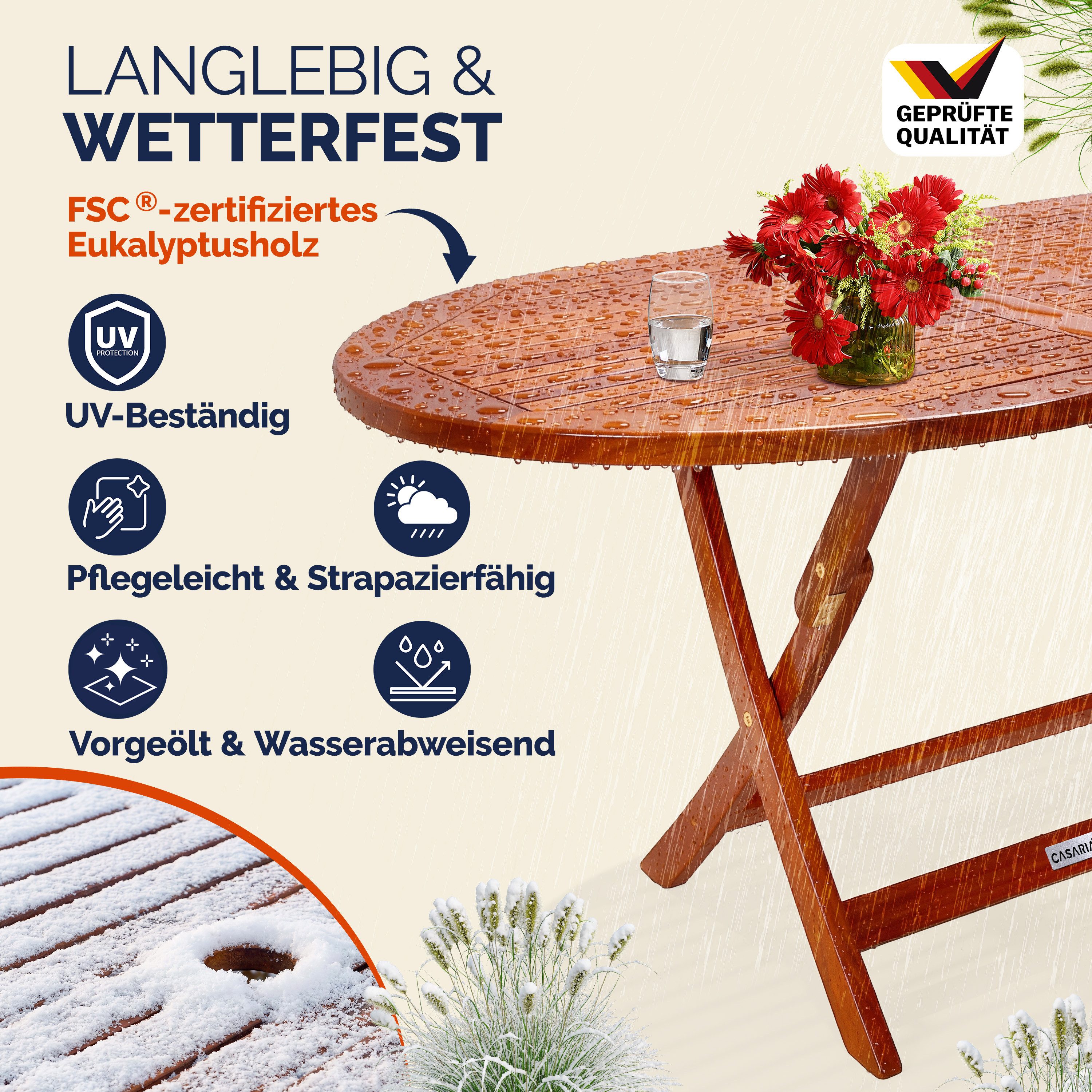 Casaria Gartentisch Alabama (1-St), Klappbar FSC®-zertifiziert Akazie Schirmständer 80kg Belastbar Garten