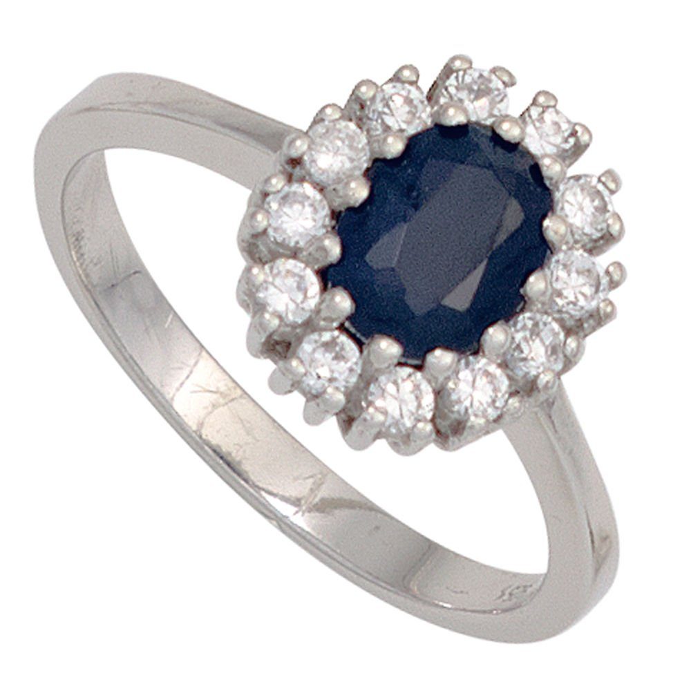 Schmuck Krone Silberring Ring Damenring Safir Saphir blau & Zirkonia rundum weiß 925 Silber oval, Silber 925