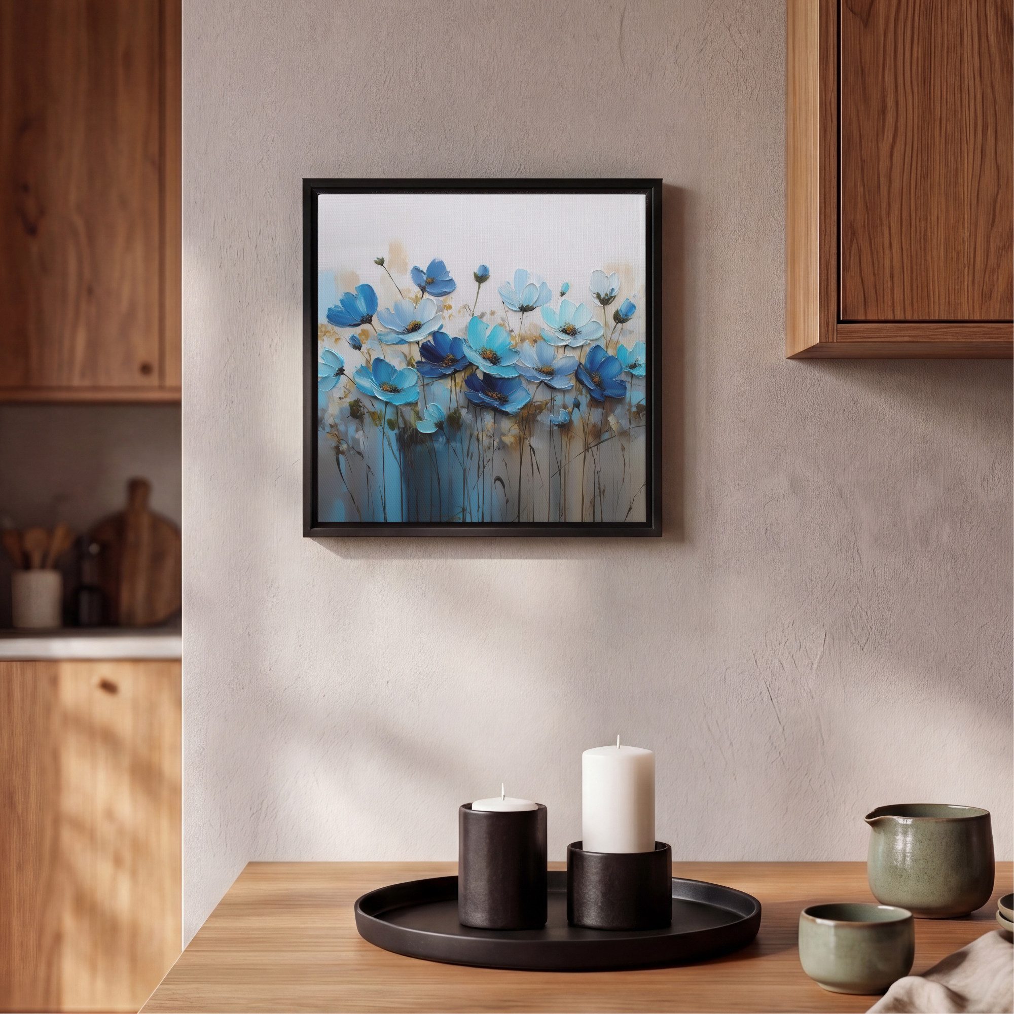 OneMillionCanvasses® Leinwandbild mit Rahmen - Blumen - Malerei - Blau, Fotodruck (1 St), Leinwand Bilder Klein, Wand Dekoration Aesthetic 20x20cm – Bild 2 von 5