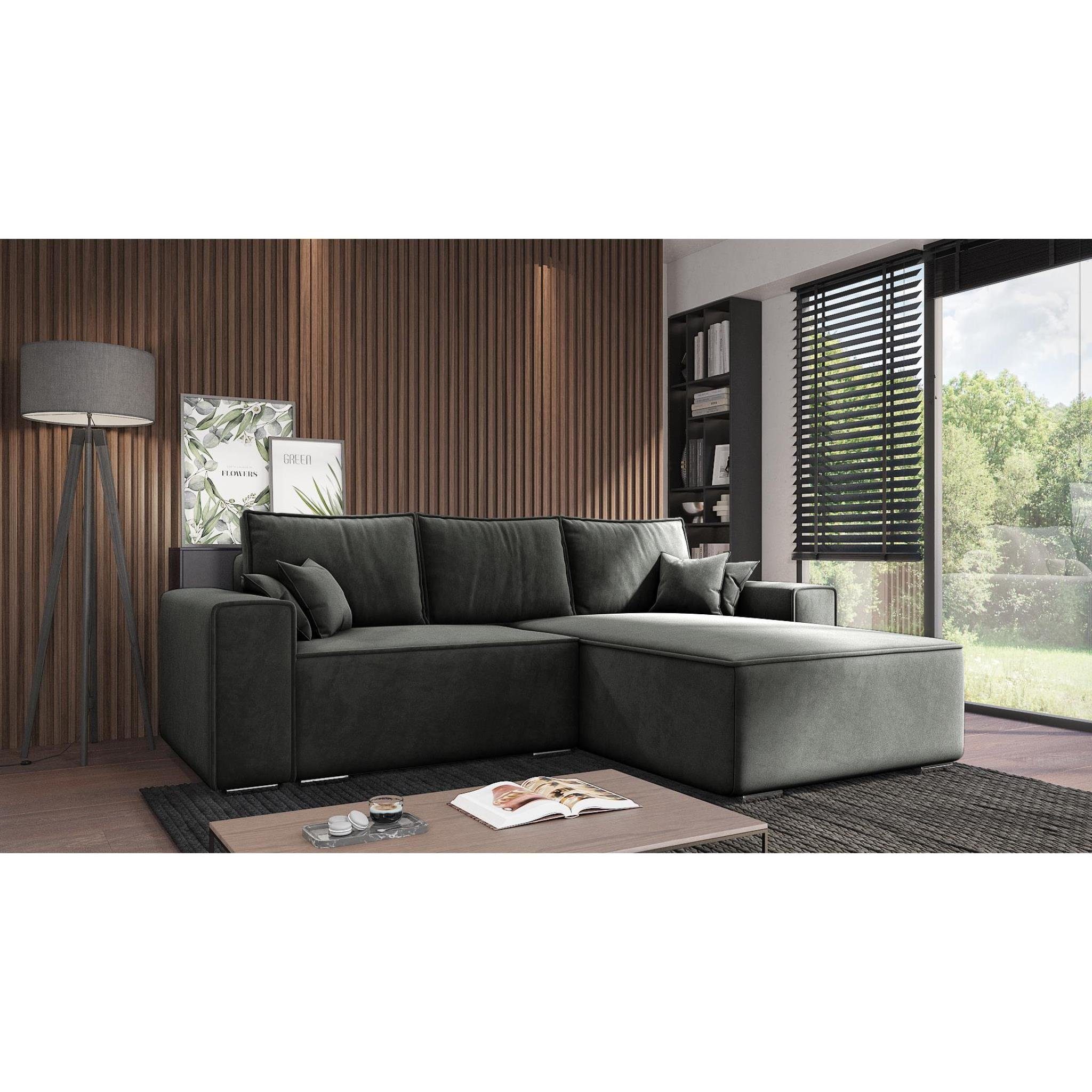 Beautysofa Ecksofa Lores, mit stilvoll Zierleiste, Velours-Bezug, mit Relaxfunktion, mit Bettkasten, mane links oder rechts Dunkelgrau (monolith 95)