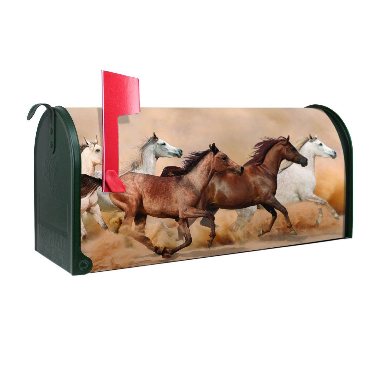 banjado Amerikanischer Briefkasten Mailbox Wilde Pferde (Amerikanischer Briefkasten, original aus Mississippi USA), 22 x 17 x 51 cm grün