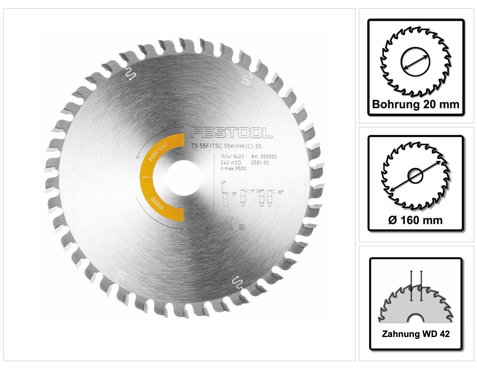 FESTOOL Kreissägeblatt Kreissägeblatt Wood Fine Cut HW 160 x 1,8 x 20 mm WD42 (205553) für