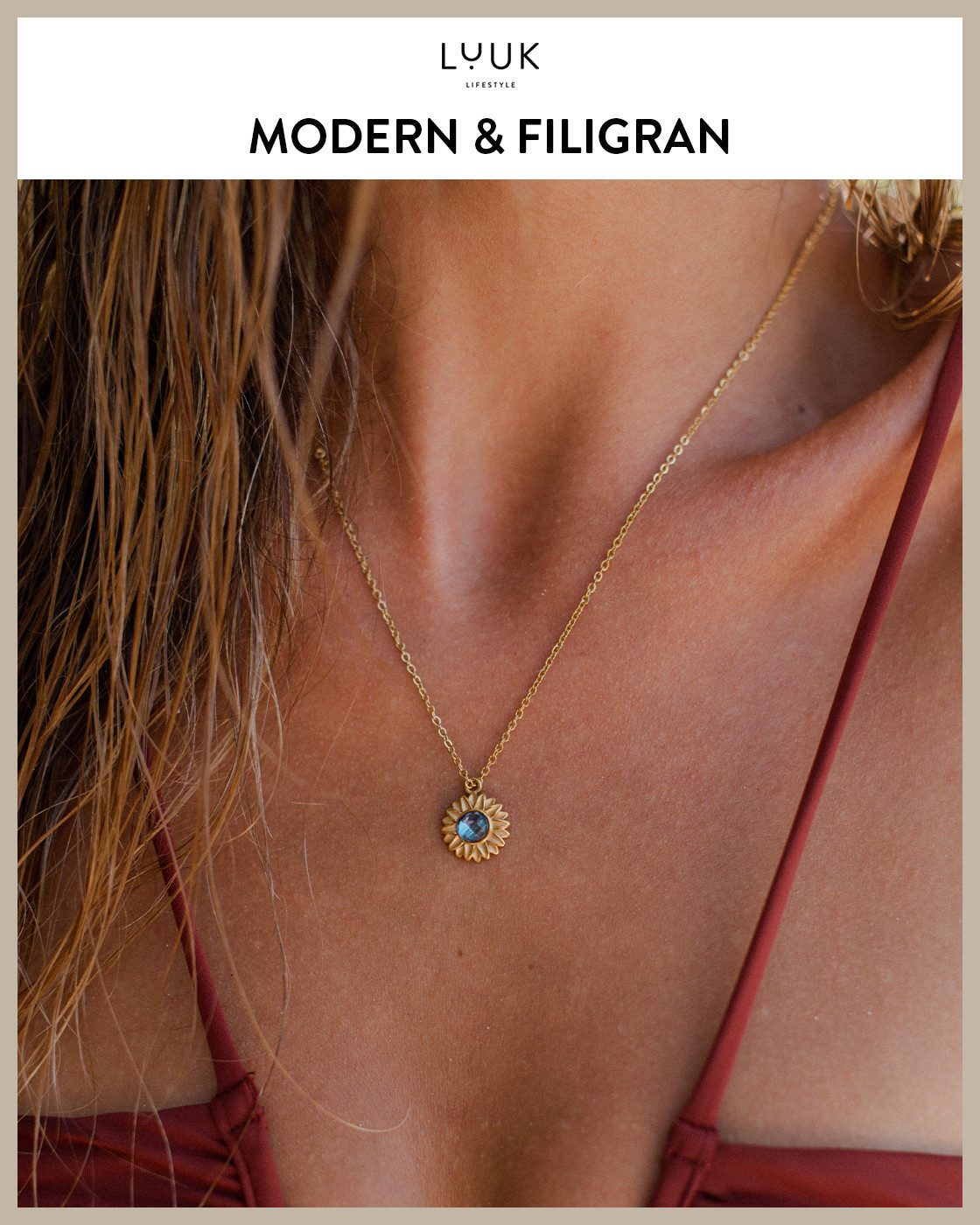 LUUK LIFESTYLE Kette mit Anhänger Sonnenblume, mit HAPPINESS Spruchkarte, schick und elegant