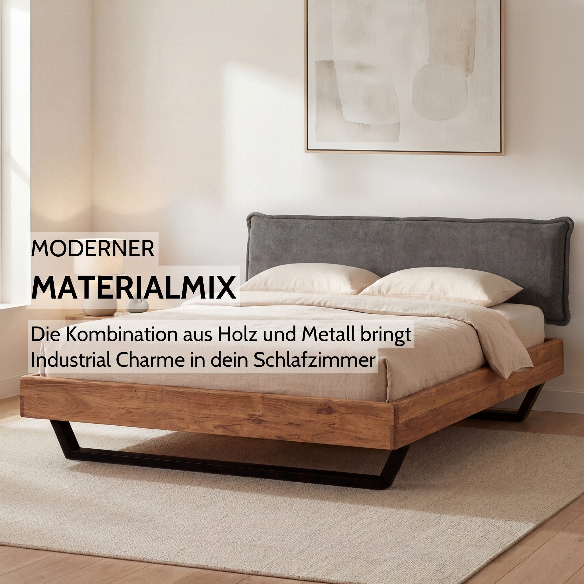 Liadomo Bettgestell Bologna Cozy, Bett, Einzelbett, Doppelbett, Massivholzbett, Akazie (Liegefläche 140 x 200; 160 x 200; 180 x 200 cm), Polsterkopfteil, Cozy-Look, mit Metallkufen schwarz