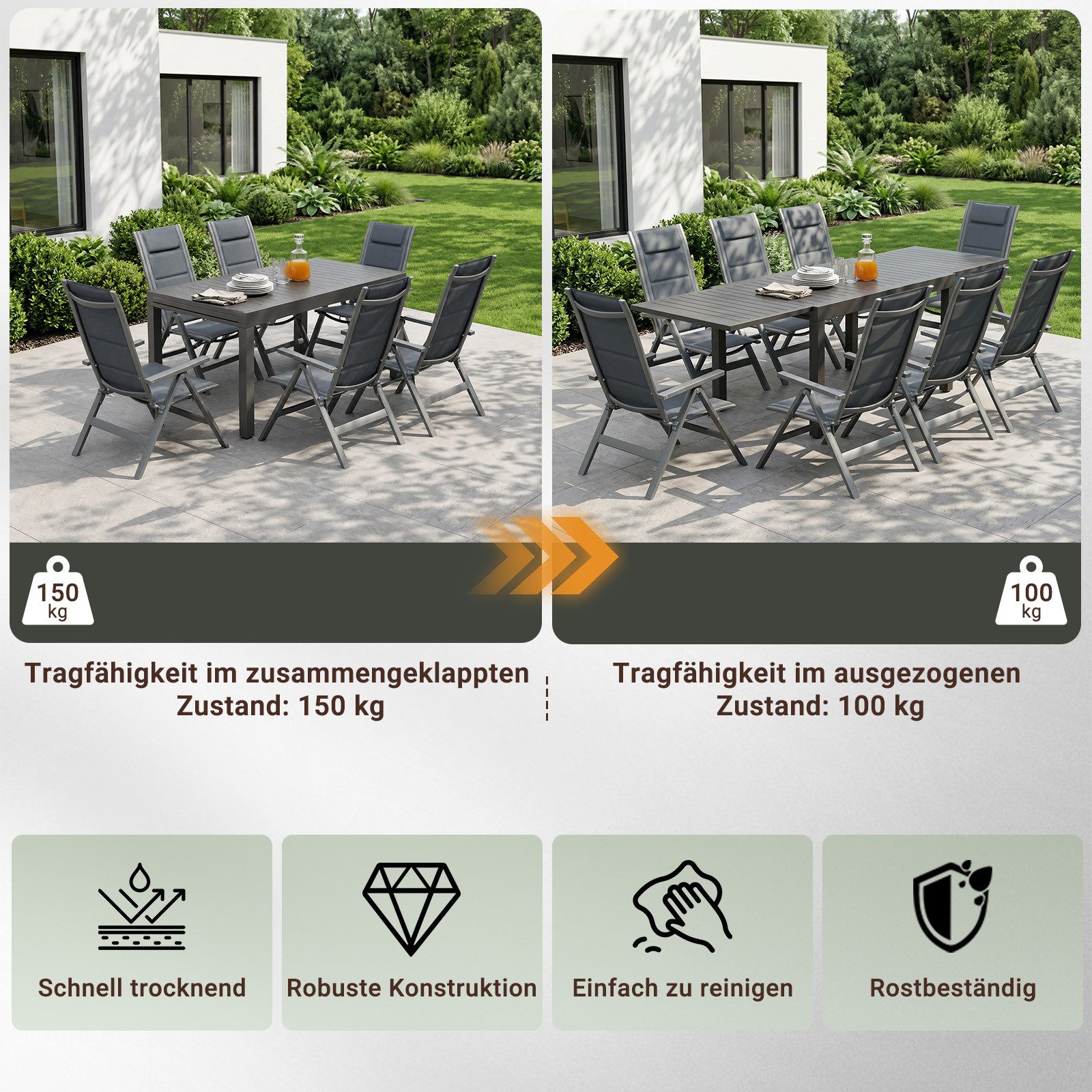 HOMALL Garten-Essgruppe Aluminium Ausziehbarer Esstisch und 7-fach verstellbarer Klappstuhl, (7-tlg), Ausziehtisch und Klappstuhl Aluminiumrahmen witterungsbeständig
