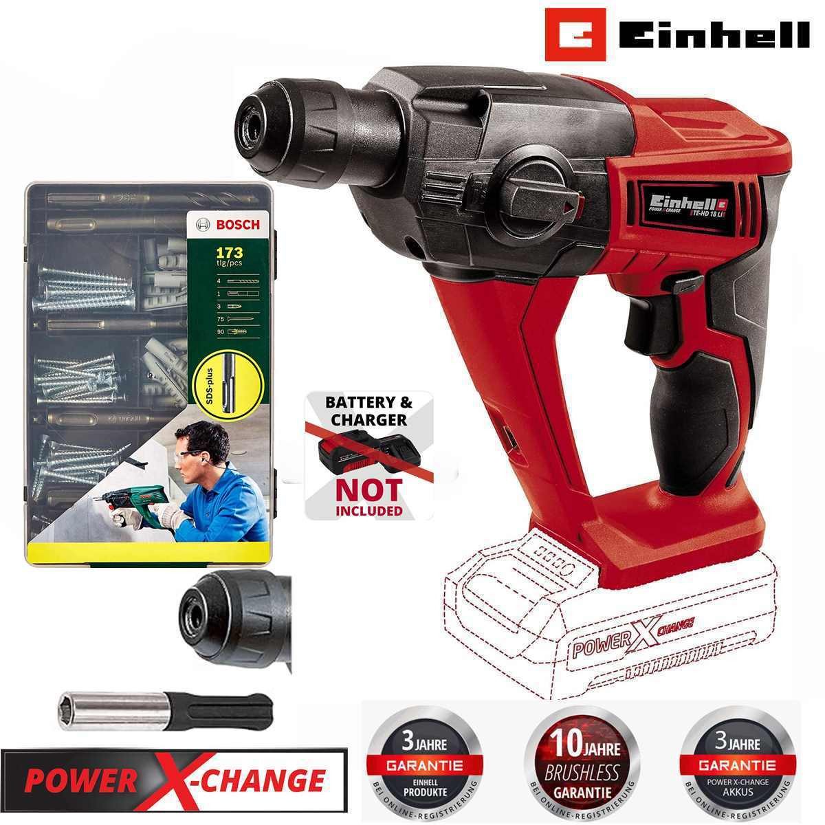 Einhell Akku-Bohrhammer Akku-Bohrhammer TE-HD 18 Li- Solo 18V SDS-Plus + Bosch Befestigungsset