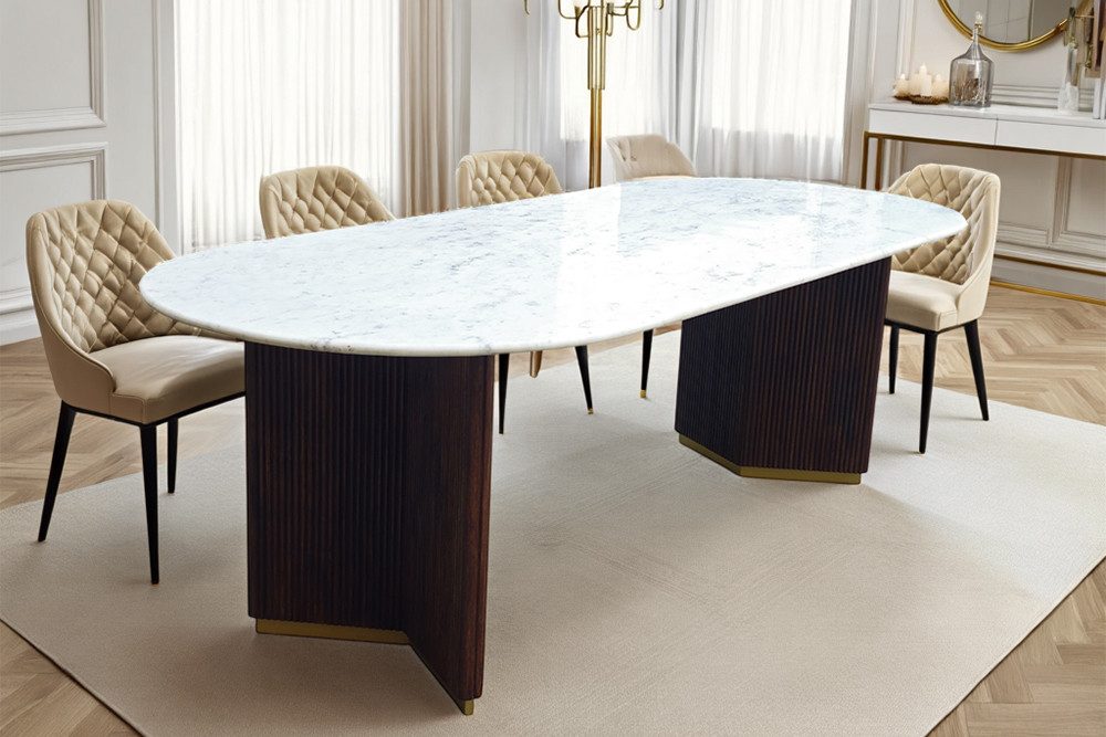 riess-ambiente Esstisch GATSBY 240x110cm Mangoholz braun – oval, Marmorplatte, V-Gestell (Einzelartikel, 1-St), Goldakzente, luxuriöser Materialmix, Marmortisch im Retro-Stil