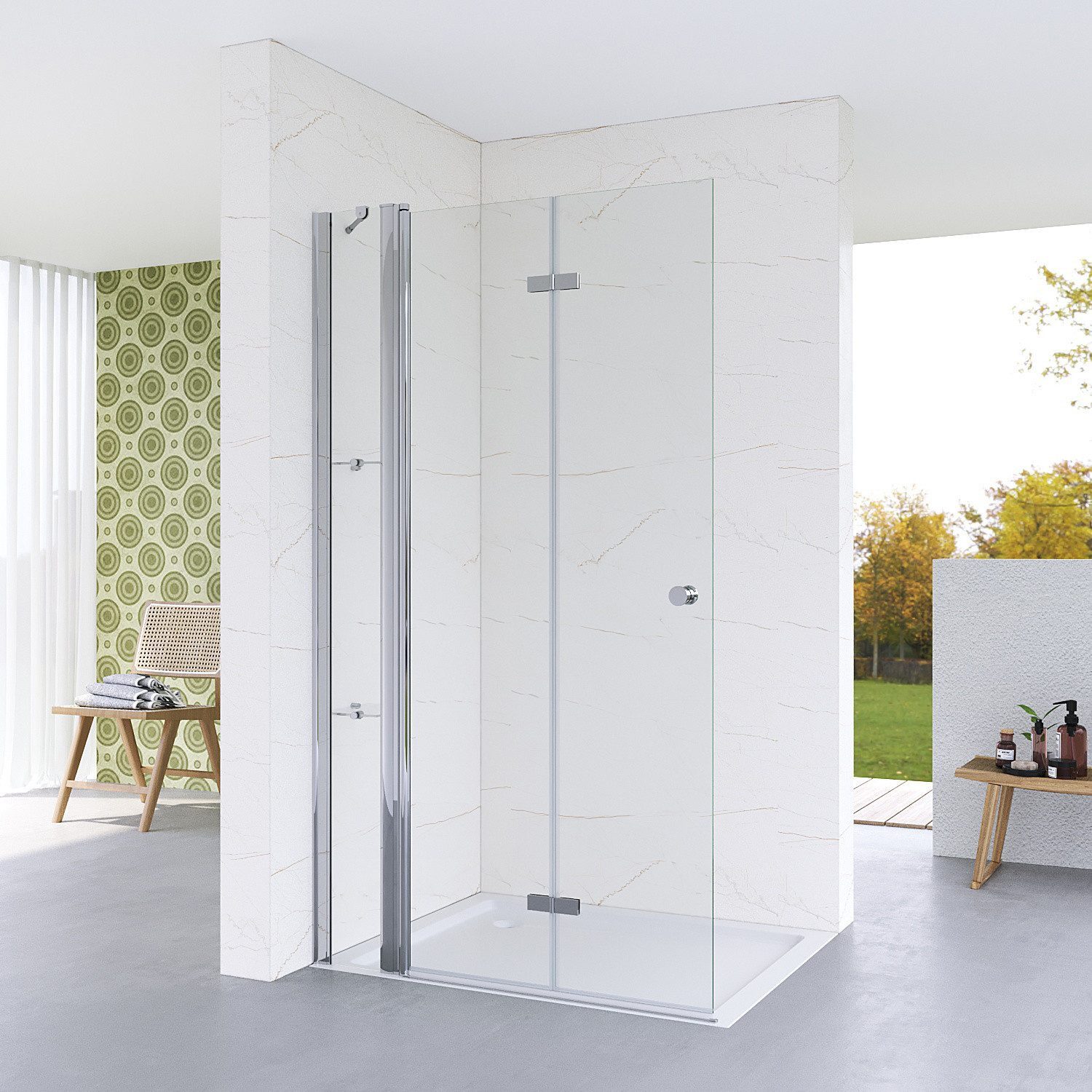 AQUABATOS Walk-in-Dusche Walk in Duschglas Duschabtrennung faltbare Duschwand, Falttür Drehfalttür aus 5 mm Sicherheitsglas Klarglas, mit Festteil und Duschablagen