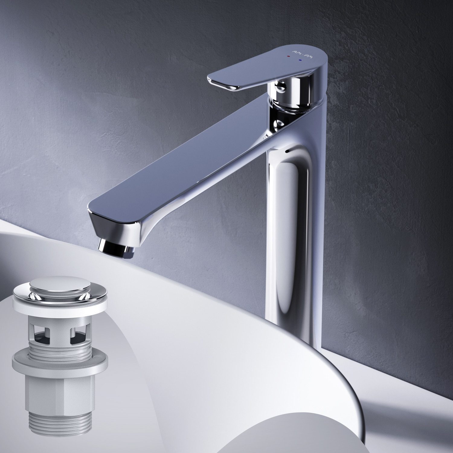AM.PM Badarmatur Bad Armatur HIT Waschtischarmatur L-Größe mit Klick-Ablaufgarnitur (Waschbeckenarmatur Waschtischarmatur Mischarmatur Mischbatterie, Wasserhahn mit extra hohem Auslauf, Farbe: Chrom / Silber) Einhebelmischer für warmes und kaltes Wasser