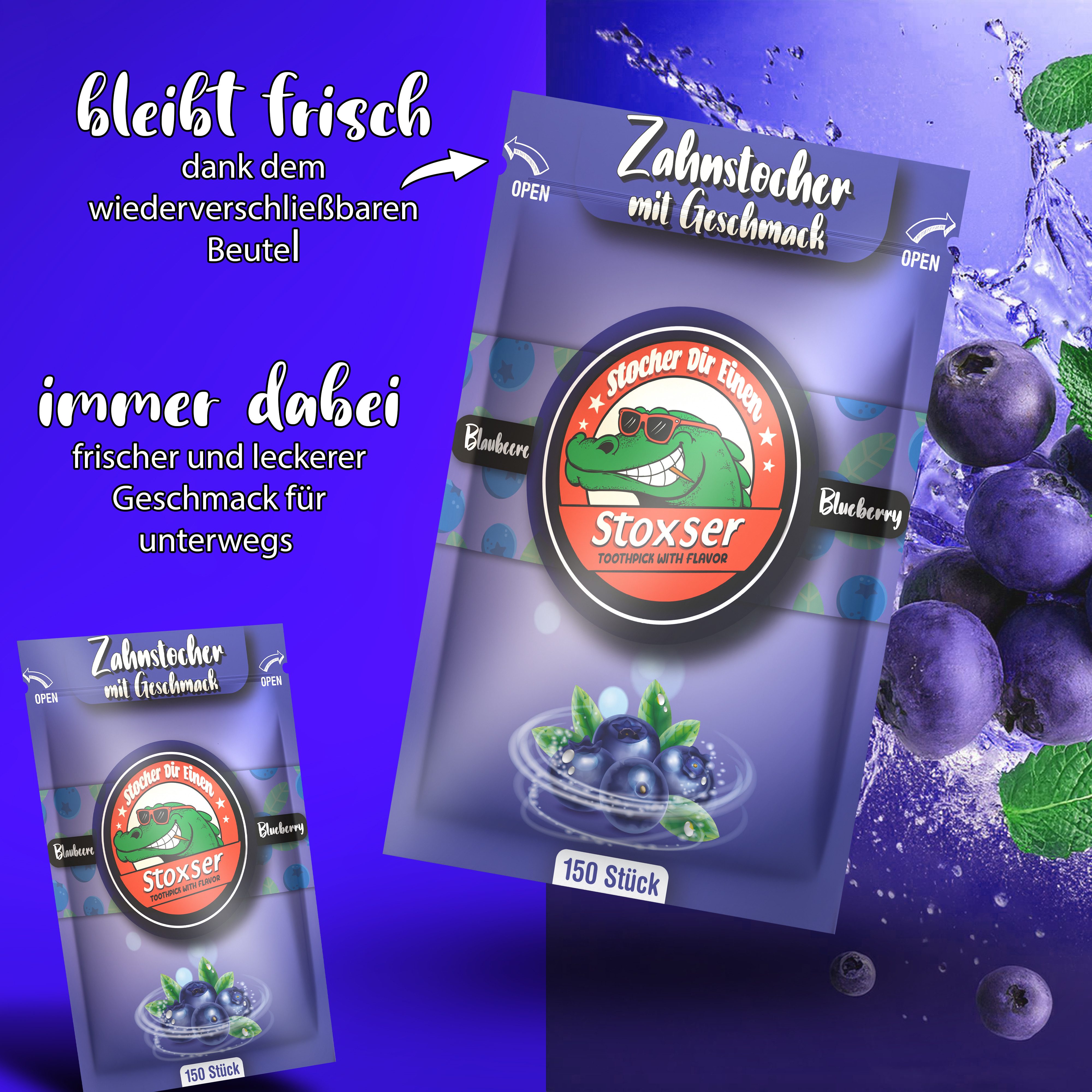 Stoxser Mundpflegecenter Stoxser 150 x Zahnstocher mit Geschmack Blaubeere Geschmacksrevolution, 150 x Zahnstocher mit Geschmack Blaubeere, Kein Kaugummi Unterstützend zu Zahnpasta Zahnseide Zuckerfrei