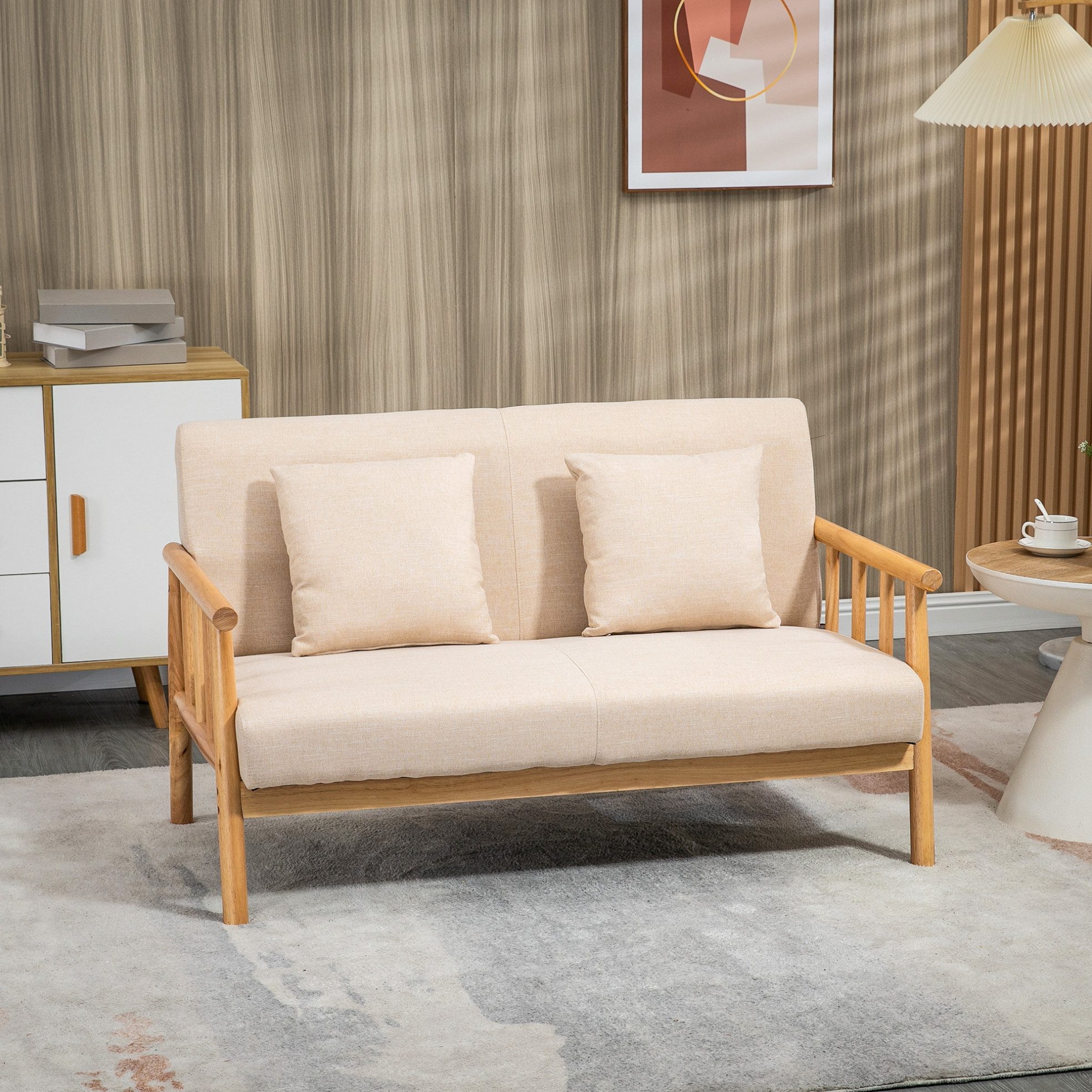 OKWISH Sofa 2‑Sitzer Sofa in Beige mit Leinenoptik & Holzrahmen, 123x74x69 cm, Gepolsterte Couch mit 2 Lendenkissen für kleine Räume 1 Teile, Kompaktes Doppelsofa für Wohnzimmer, Schlafzimmer & Gastzimmer