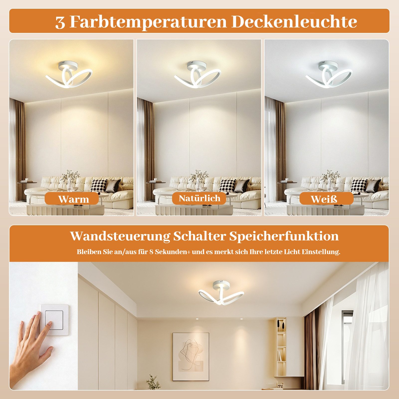 BlingBin Deckenleuchte Moderne 19W LED-Deckenlampe mit 3 Lichtfarben 3000/4500/6500 K,1900 lm, Innenbeleuchtung, LED fest integriert, Warmweiß Neutralweiß Tageslichtweiß, CRI ≥ 80 mit Memory-Funktion für Wohnzimmer, Schlafzimmer und Küche