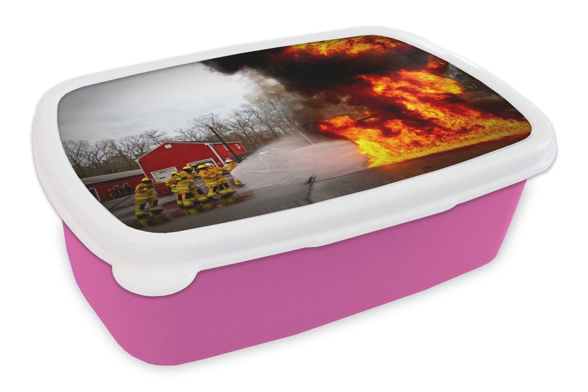 Feuerwehrleute, Amerika Brotdose MuchoWow (2-tlg), Mädchen, Erwachsene, Kunststoff, Kinder, für rosa Lunchbox - - Brotbox Snackbox, Kunststoff Feuer