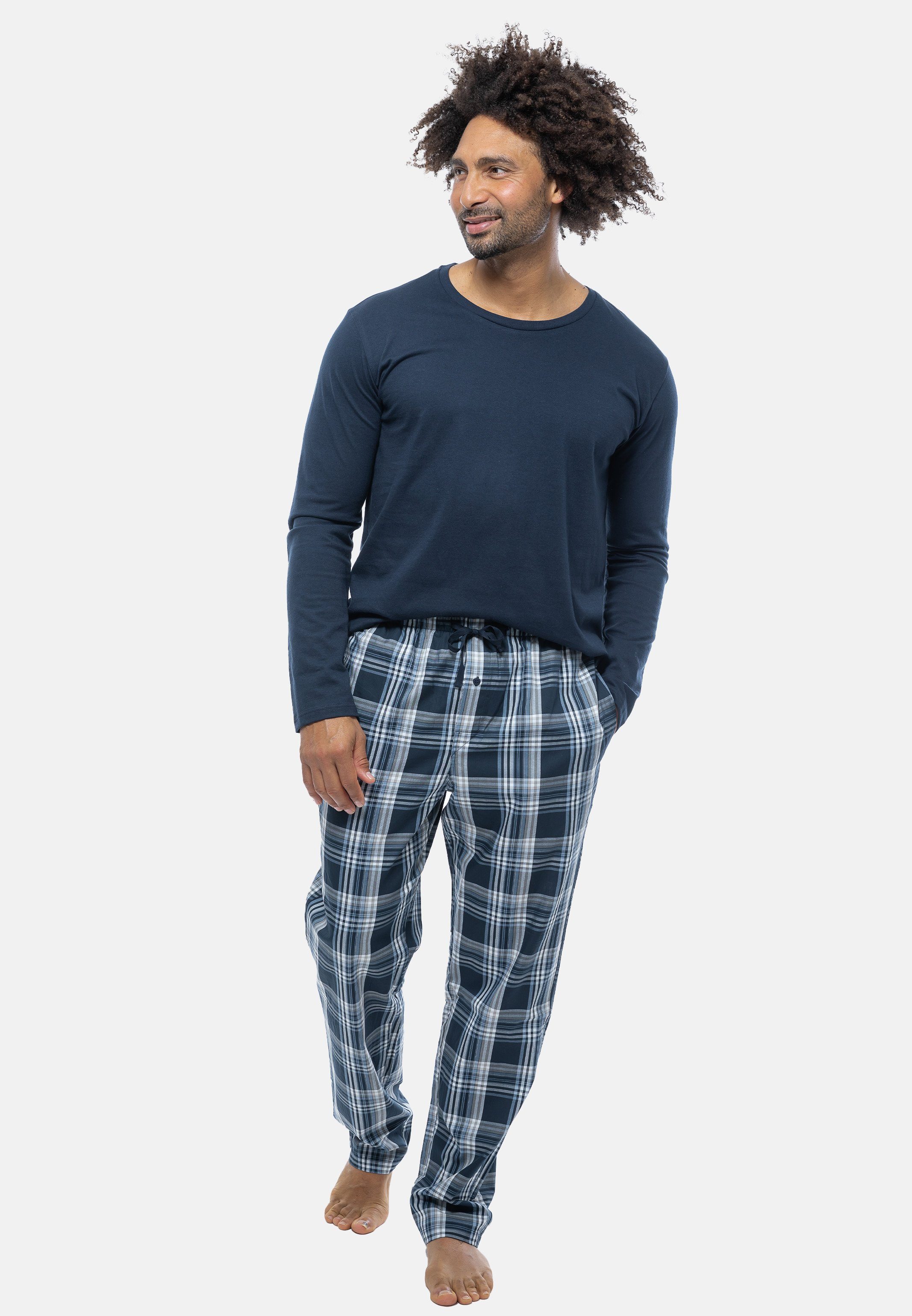 Langarm-Shirt tlg) - Rundhals-Ausschnitt 2 - (Set, Pyjama Schiesser mit Mix Baumwolle Dunkelblau Schlafanzug