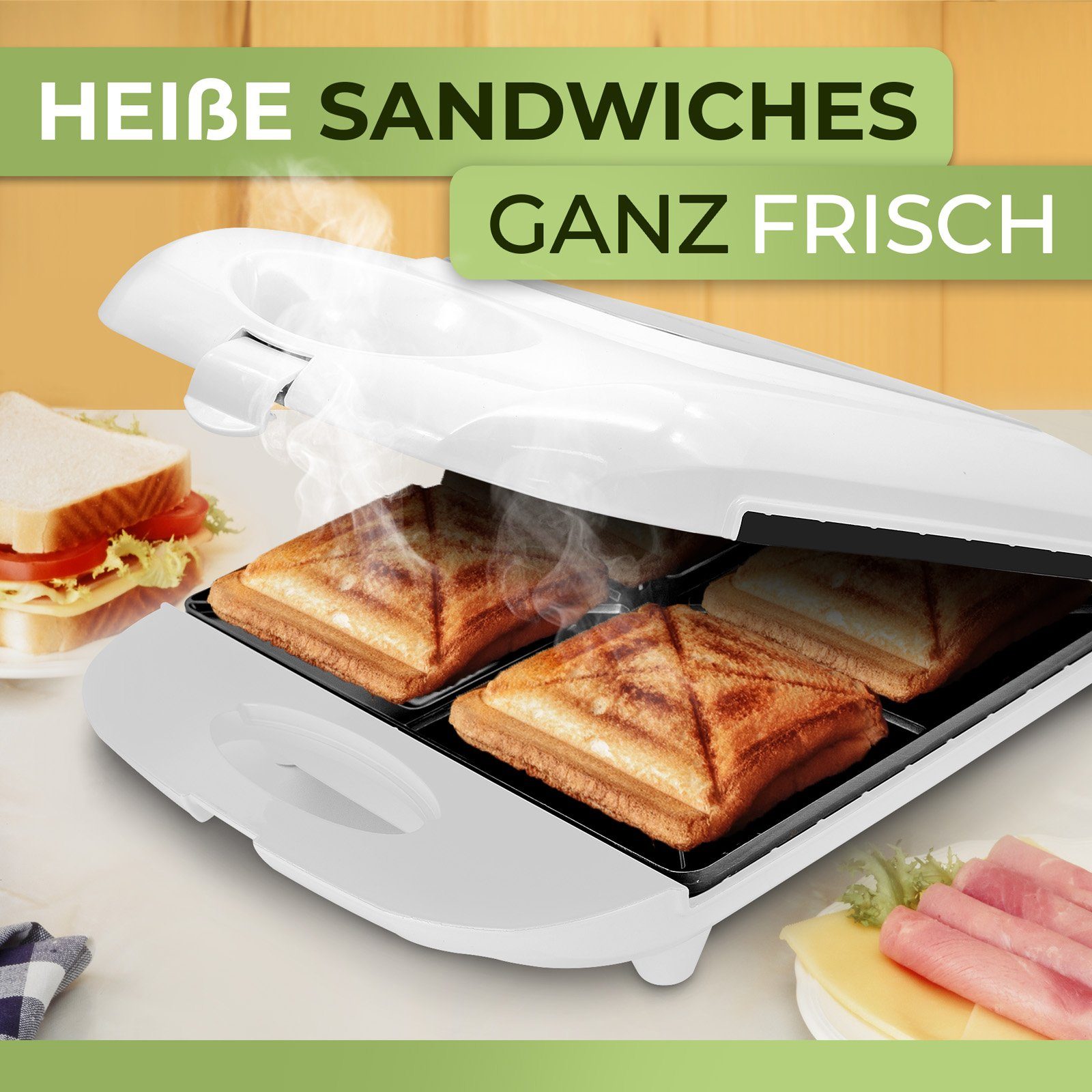 monzana Antihaftbeschichtung W, Cool-Touch-Griff XXL 1000 4er BPA-frei Sandwichmaker, 1400W
