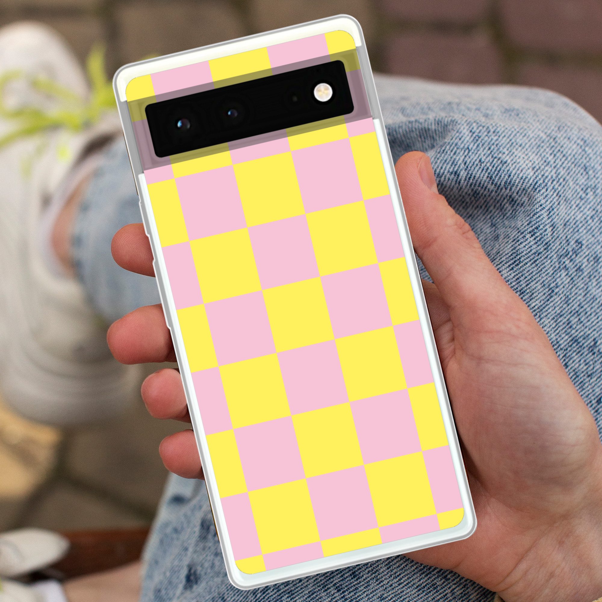 MuchoWow Handyhülle für Google Pixel 6 Schachbrettmuster - Gelb - Rosa - Würfel, Handy Case, Silikon, Bumper Case Dünn