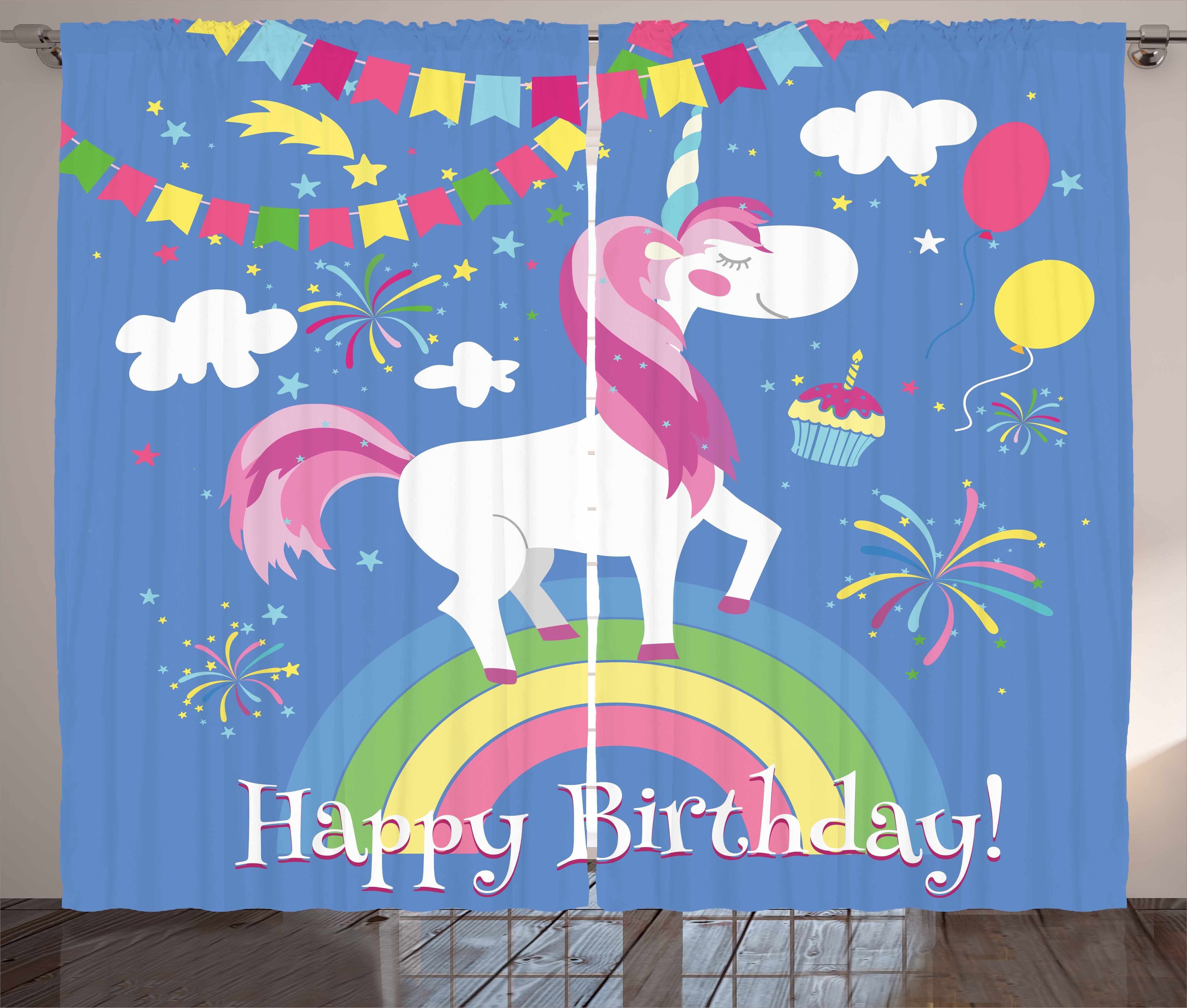 Gardine Schlafzimmer Kräuselband Vorhang mit Schlaufen und Haken, Abakuhaus, Unicorn-Party Geburtstags-Cartoon