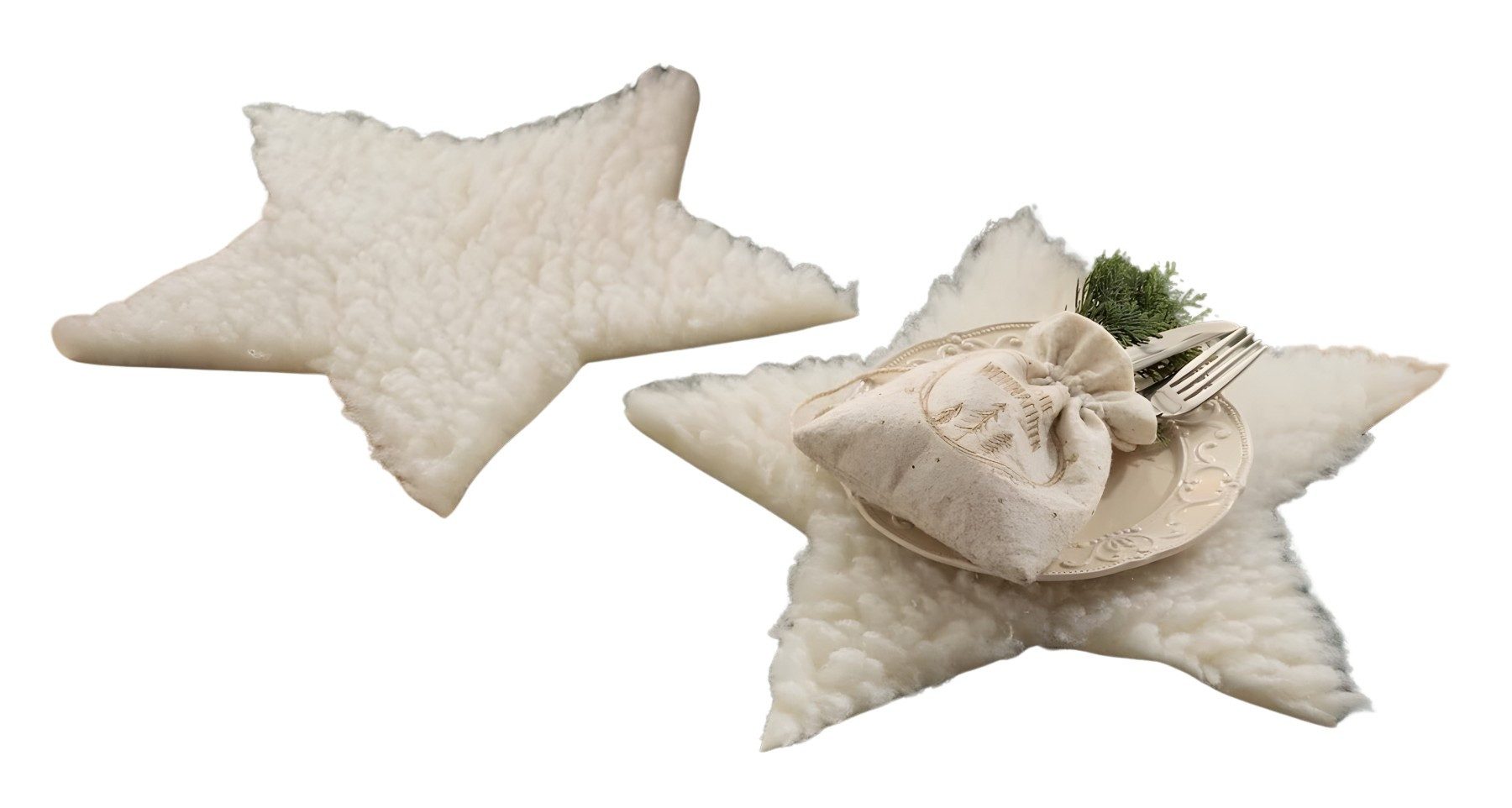 Fellkissen 2x Dekofell "Stern" creme, Ø 40 cm, Kunstfell, Tischdeko, Sitzauflage