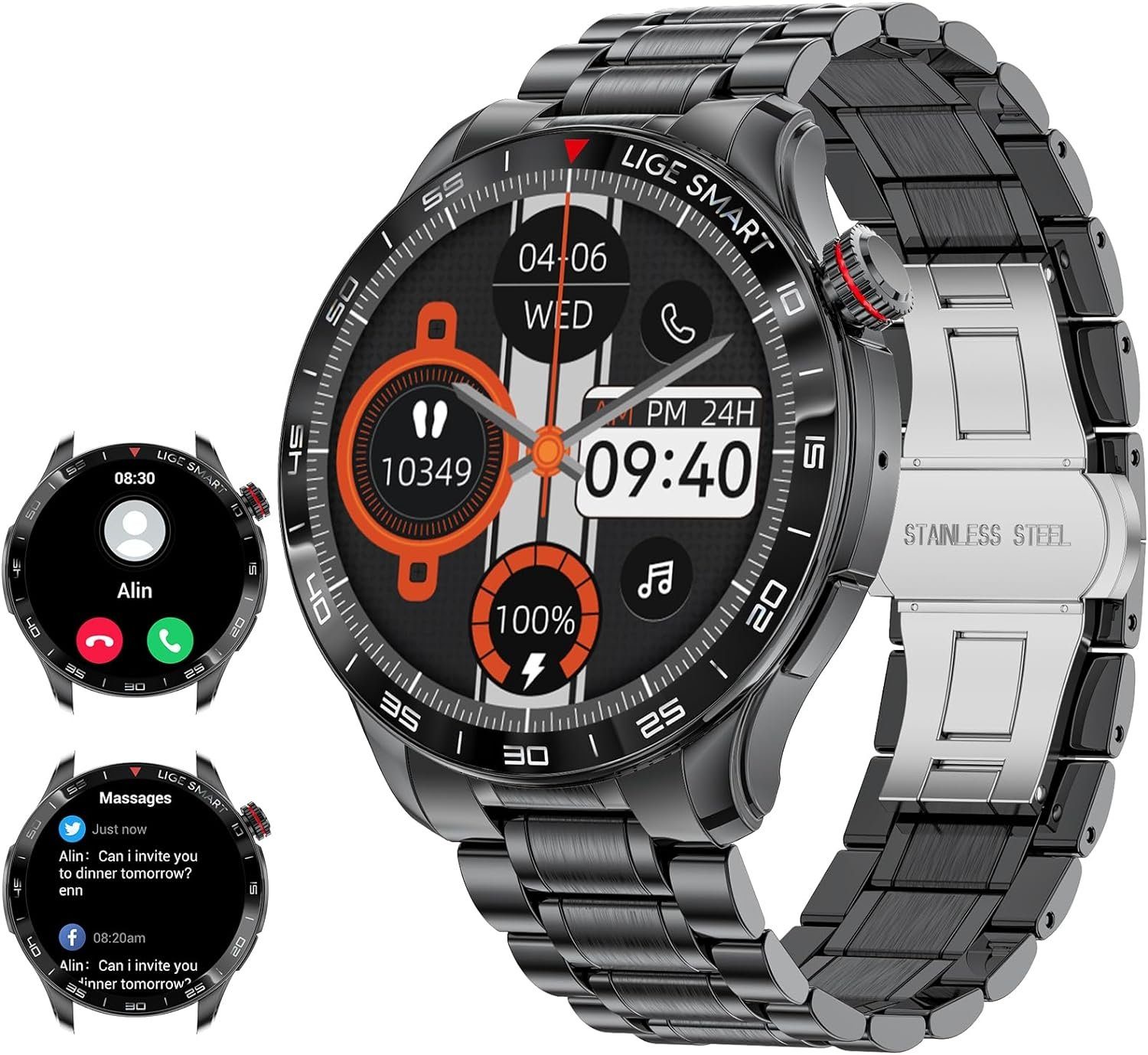 Lige Smartwatch Herren AMOLED Immer Aktiv Smartwatch (1.43 Zoll, Android/iOS), AMOLED Always On Smartwatch 129 Sportmodi, Telefonfunktion, Pedometer
